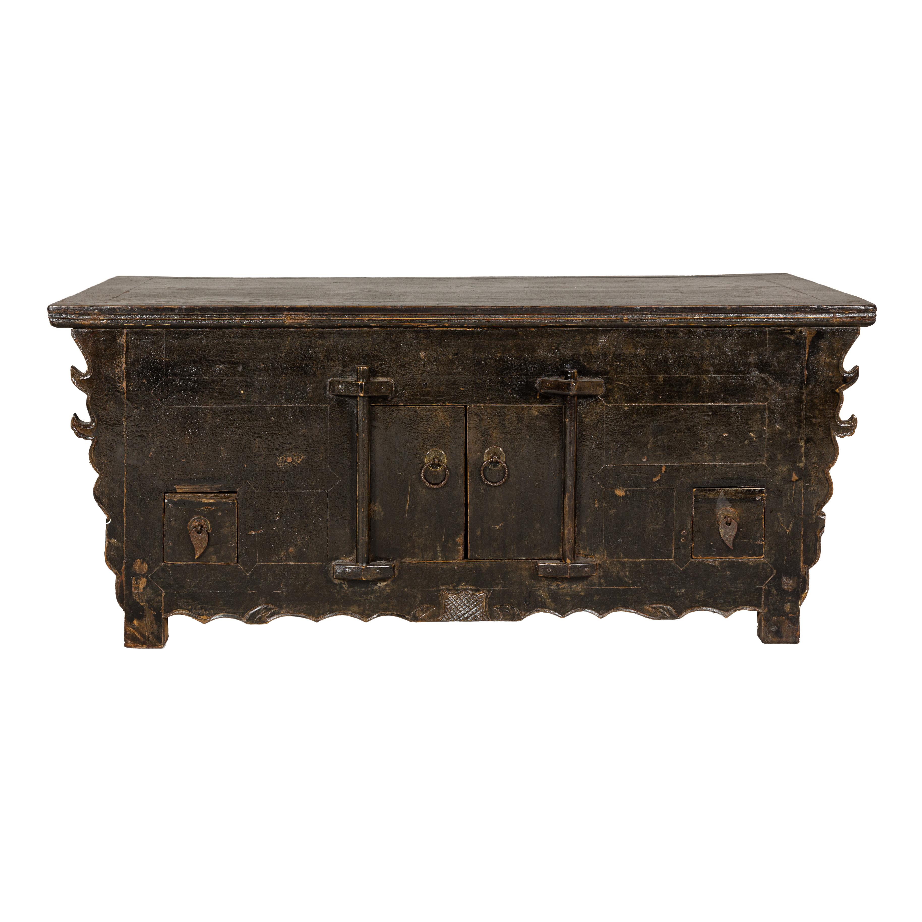 Low Kang Carved Sideboard with Brown Distressed Finish and Two Small Doors For Sale 13
