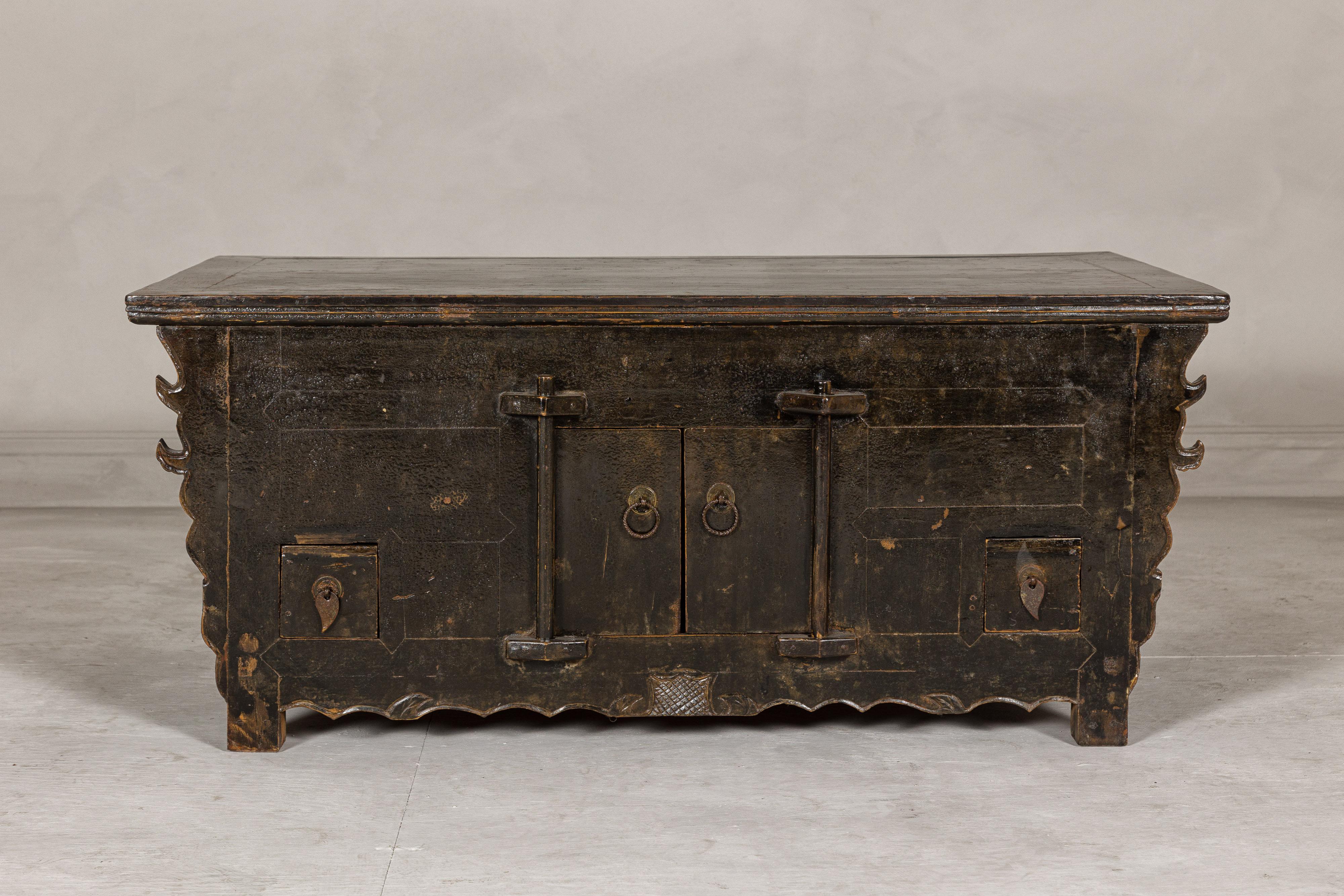 Qing Low Kang Carved Sideboard with Brown Distressed Finish and Two Small Doors For Sale