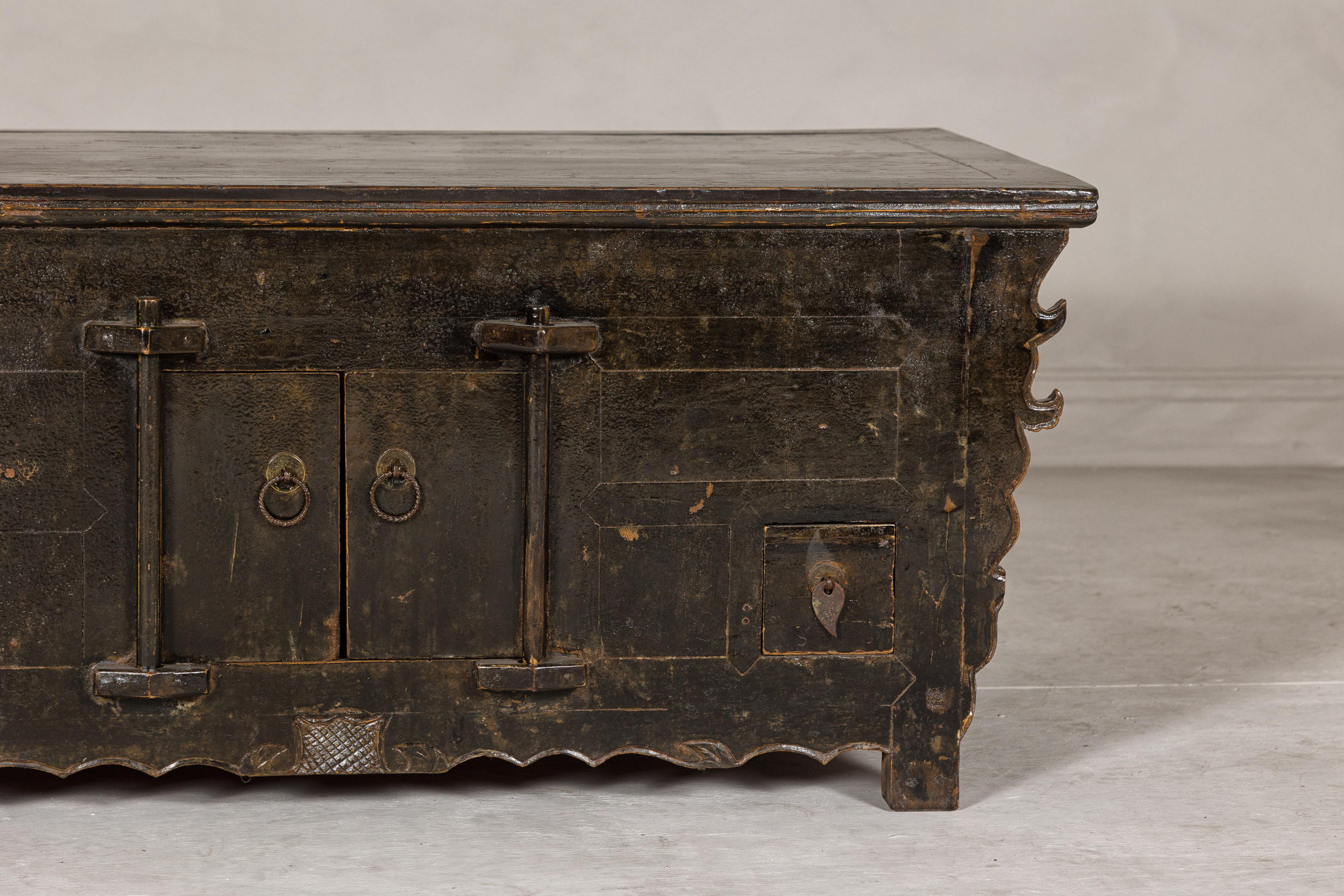 Low Kang Carved Sideboard with Brown Distressed Finish and Two Small Doors In Good Condition For Sale In Yonkers, NY