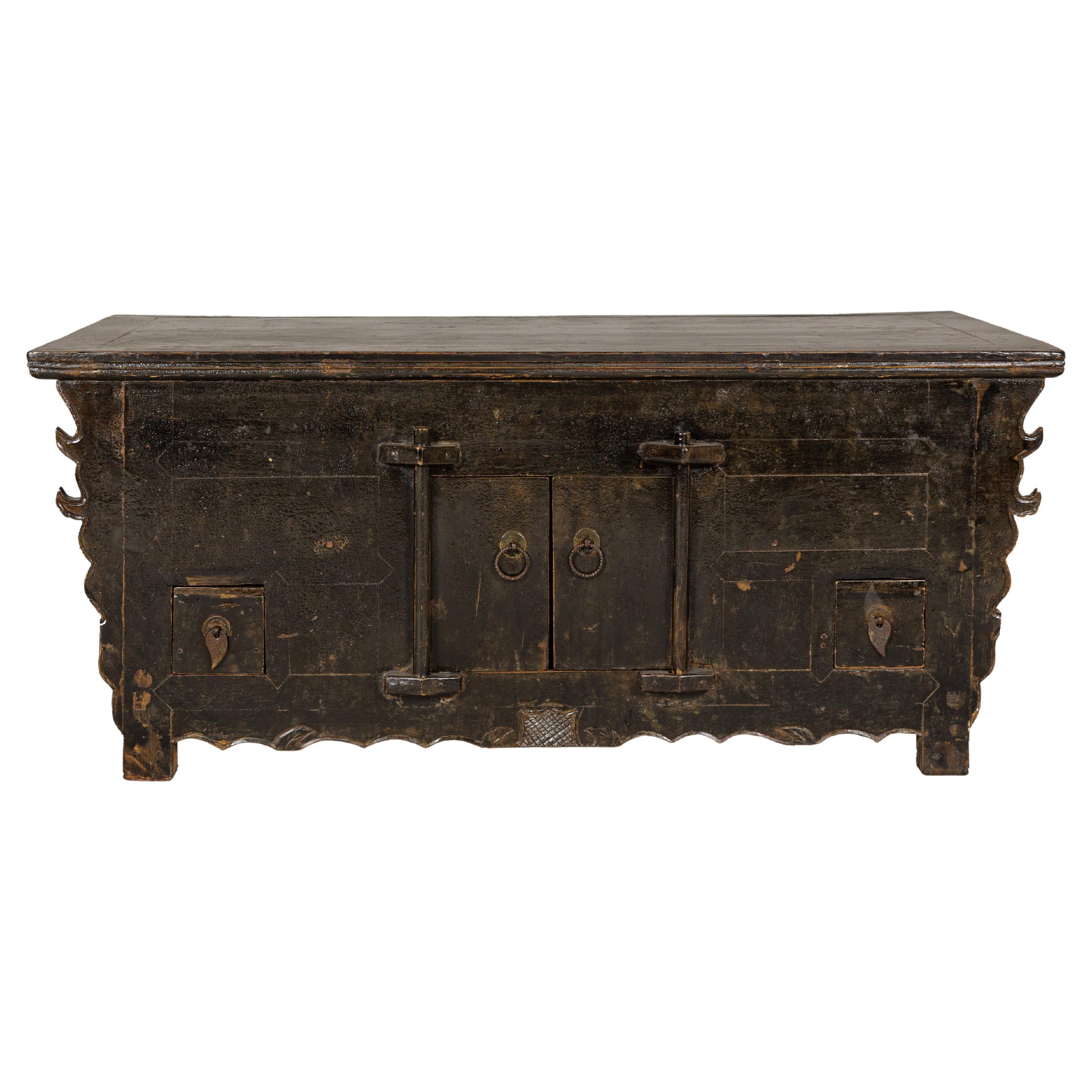 Low Kang Carved Sideboard with Brown Distressed Finish and Two Small Doors For Sale
