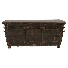 Low Kang Carved Sideboard with Brown Distressed Finish and Two Small Doors