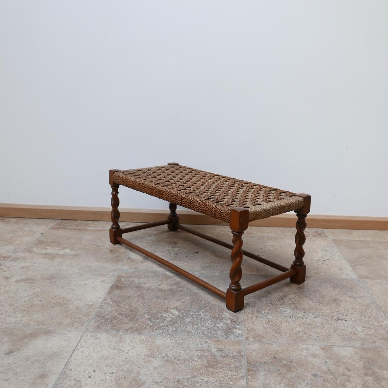 Low Long Midcentury Cord Wooden Stool In Good Condition In London, GB