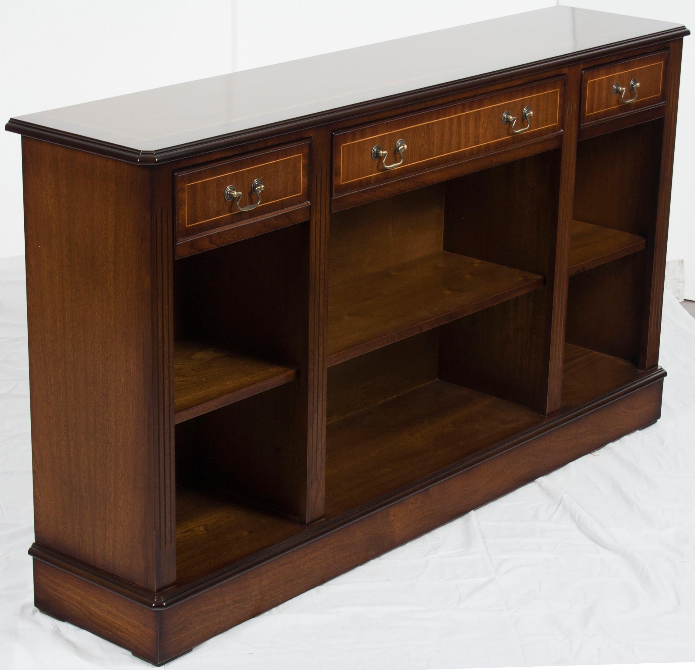 Contemporary Low Long Narrow Open Mahogany Bookcase with Drawers