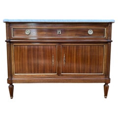 Low Louis XVI style sideboard – Solid mahogany & Carrara marble – Restored