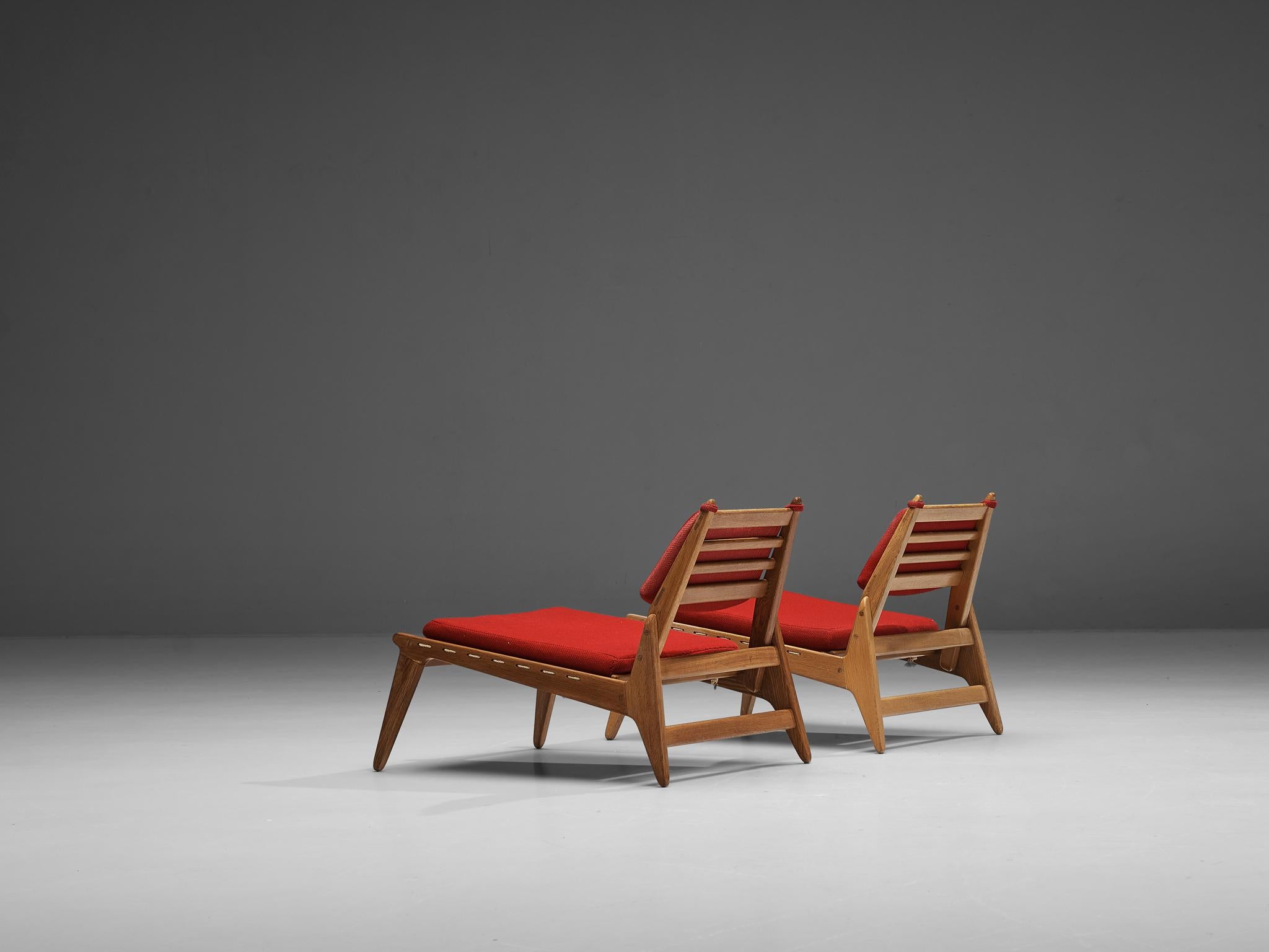 Low Lounge Chair with Ottoman in Oak and Red Upholstery  3