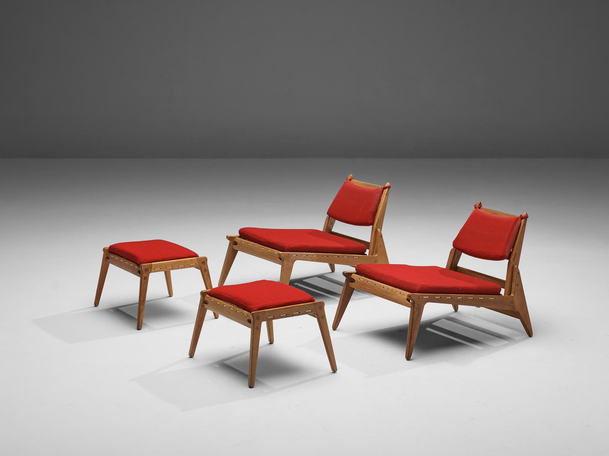 Low Lounge Chair with Ottoman in Oak and Red Upholstery  4