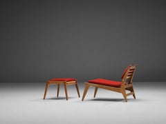 Low Lounge Chair with Ottoman in Oak and Red Upholstery