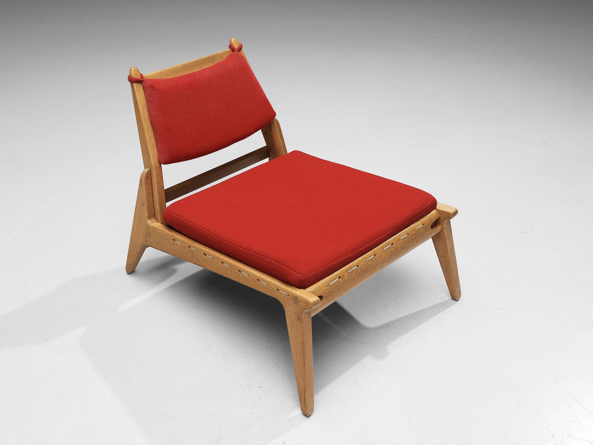 Mid-Century Modern Low Lounge Chair with Ottoman in Oak and Red Upholstery 