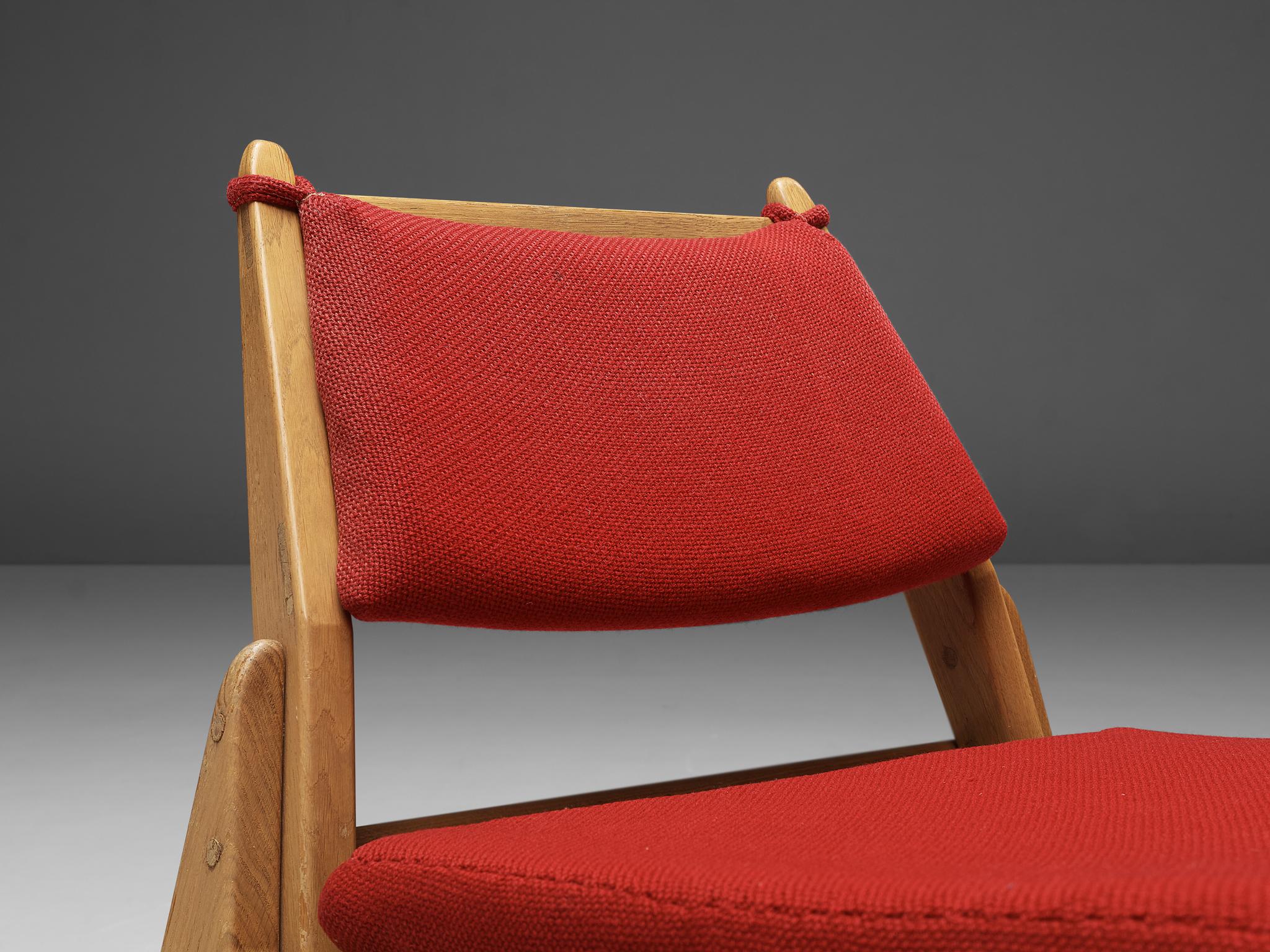 German Low Lounge Chair with Ottoman in Oak and Red Upholstery 