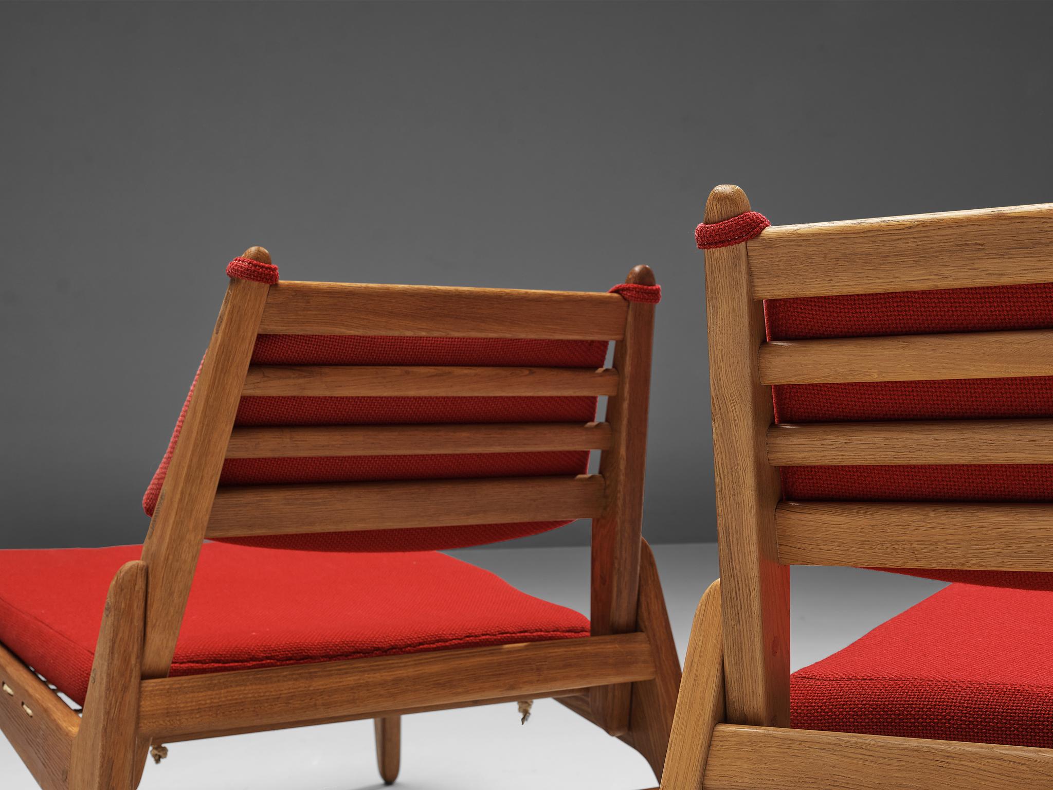 Mid-20th Century Low Lounge Chair with Ottoman in Oak and Red Upholstery 