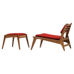 Low Lounge Chair with Ottoman in Oak and Red Upholstery