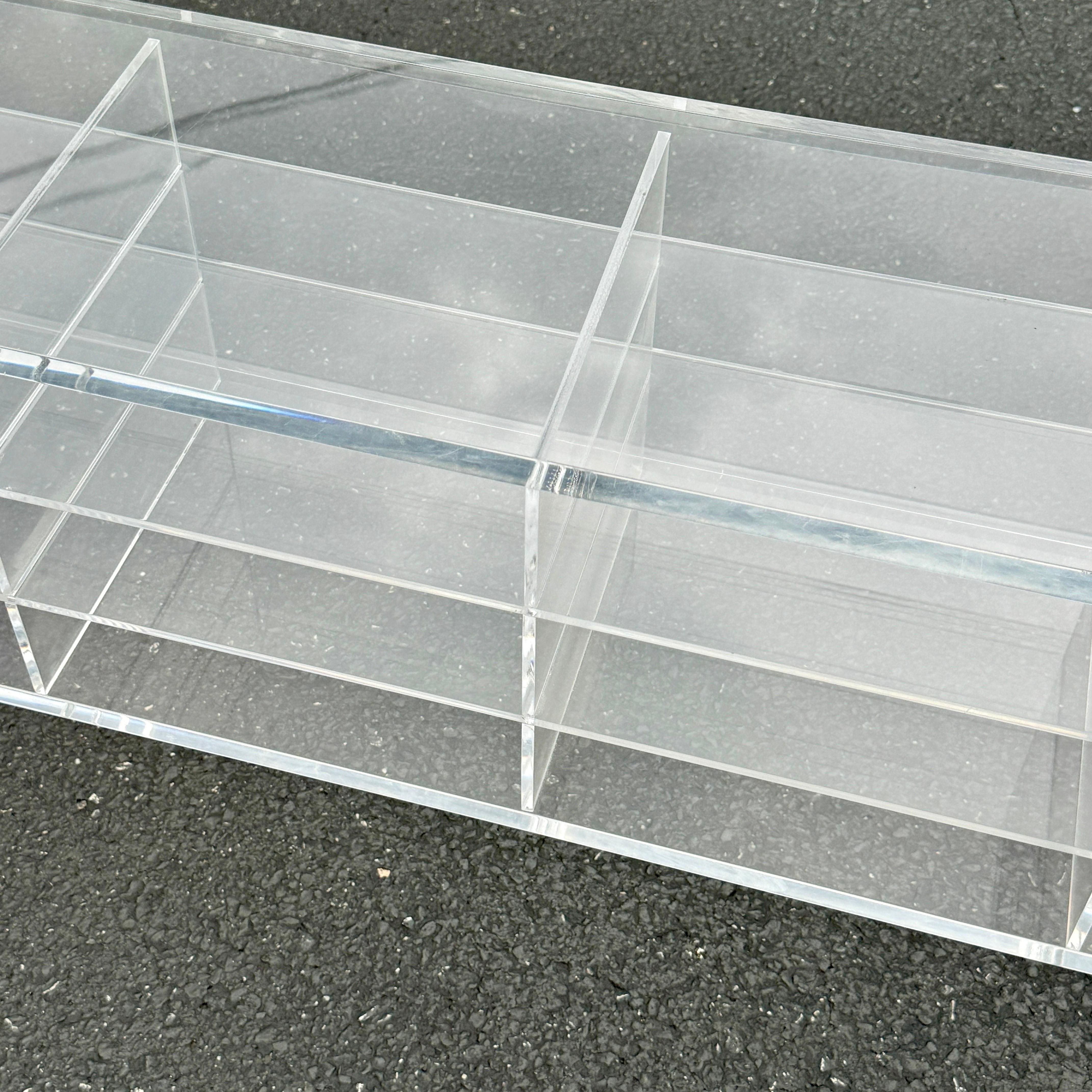 Low MCM Thick Lucite Console Table Shelf with 12 Sections For Sale 6