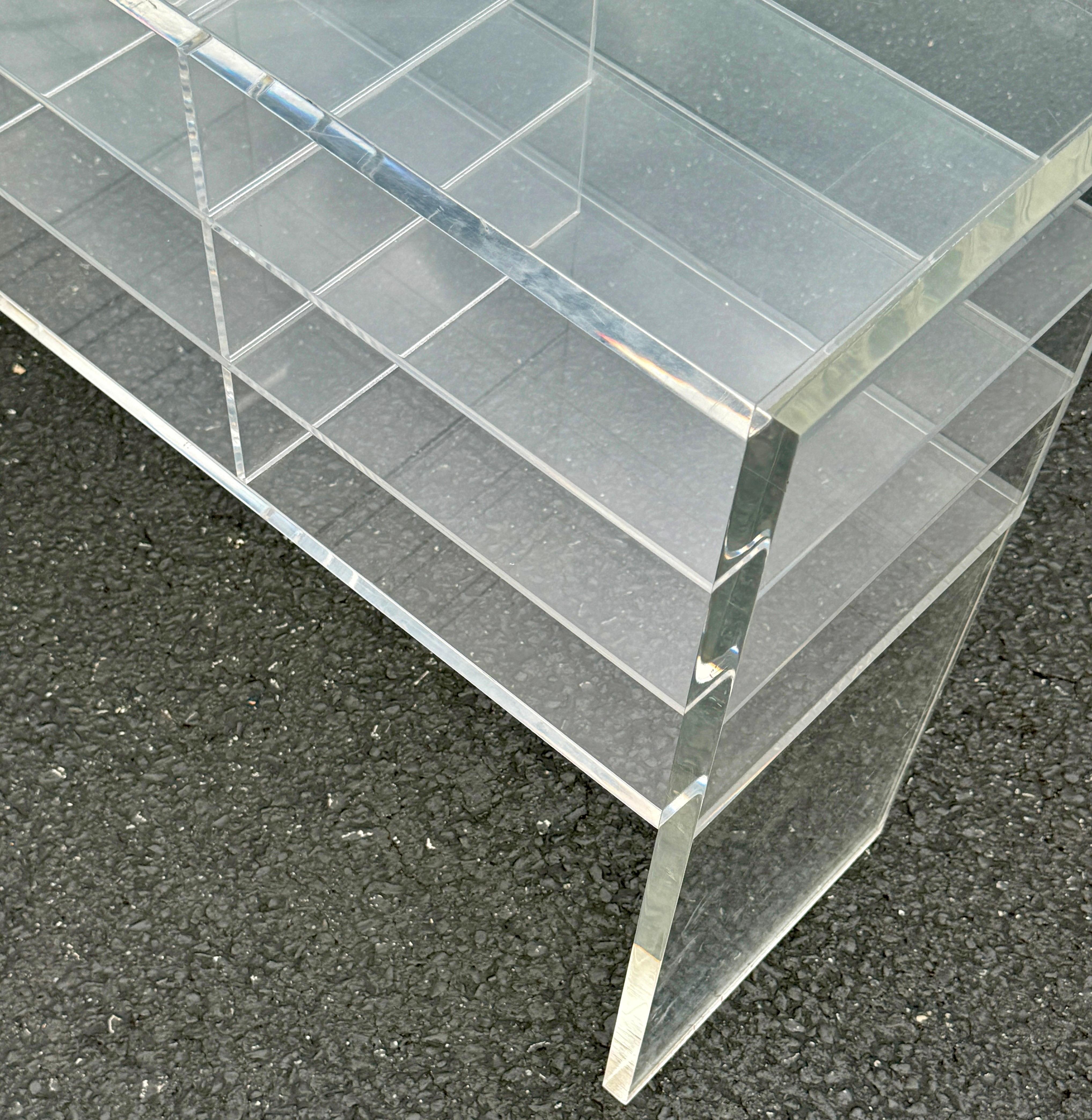 Low MCM Thick Lucite Console Table Shelf with 12 Sections For Sale 7