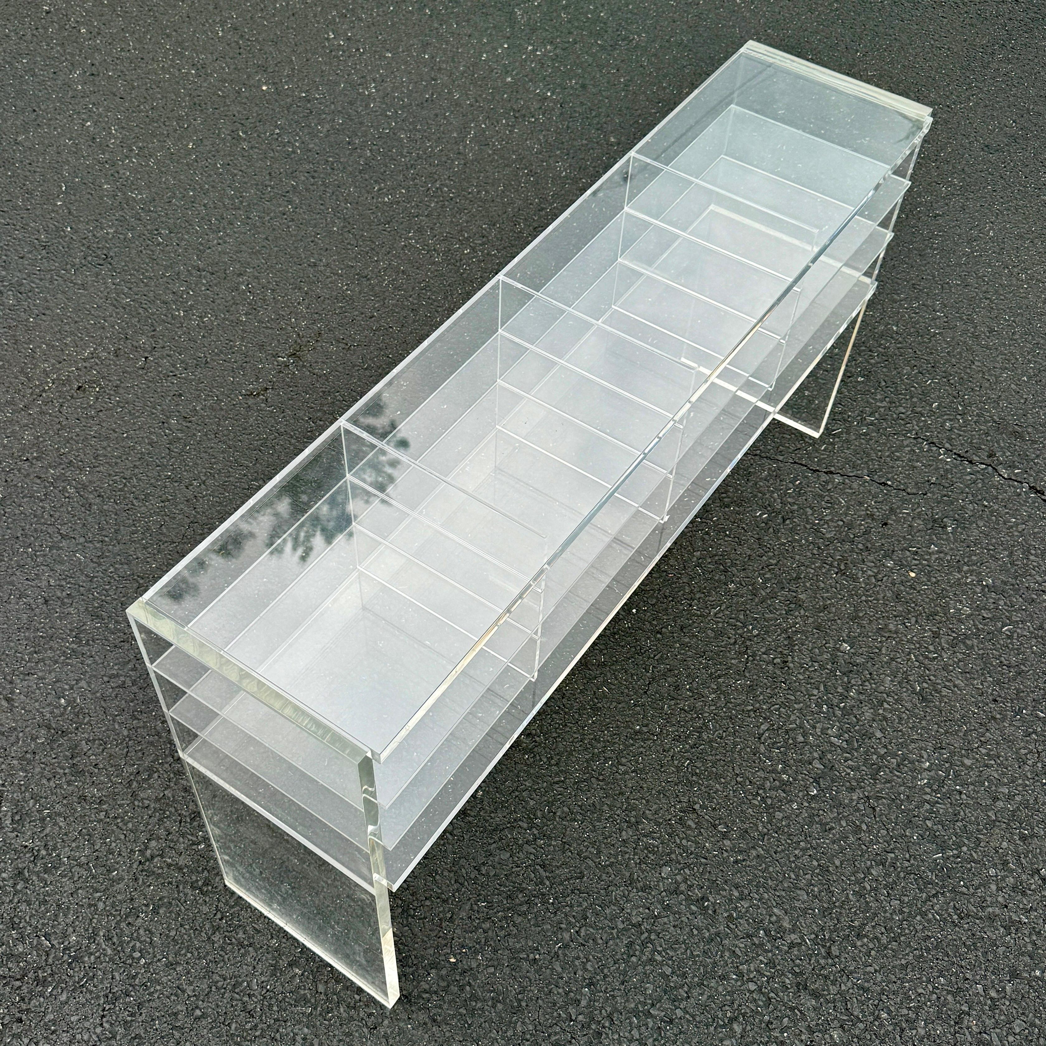 Mid-Century Modern Low MCM Thick Lucite Console Table Shelf with 12 Sections For Sale