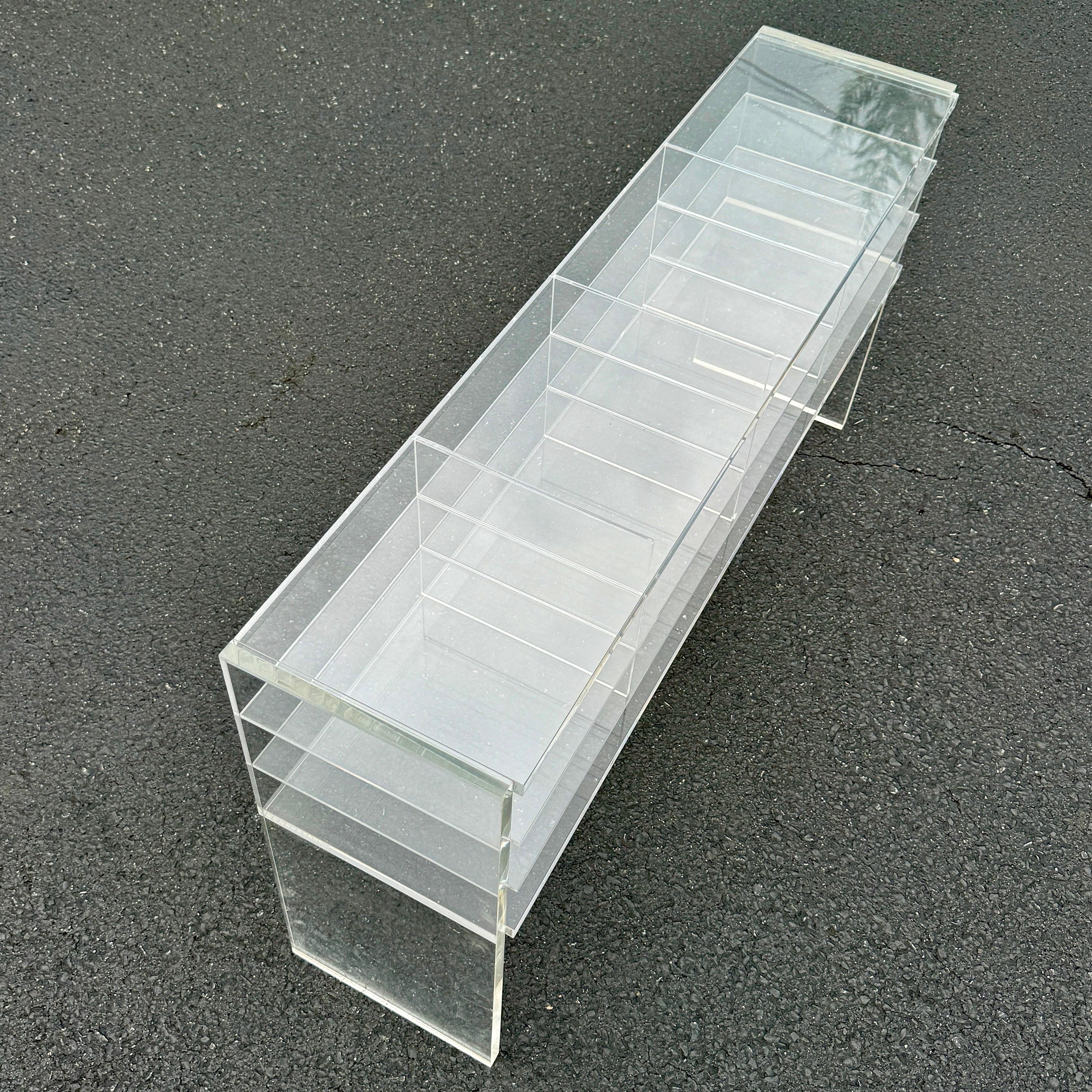 American Low MCM Thick Lucite Console Table Shelf with 12 Sections For Sale