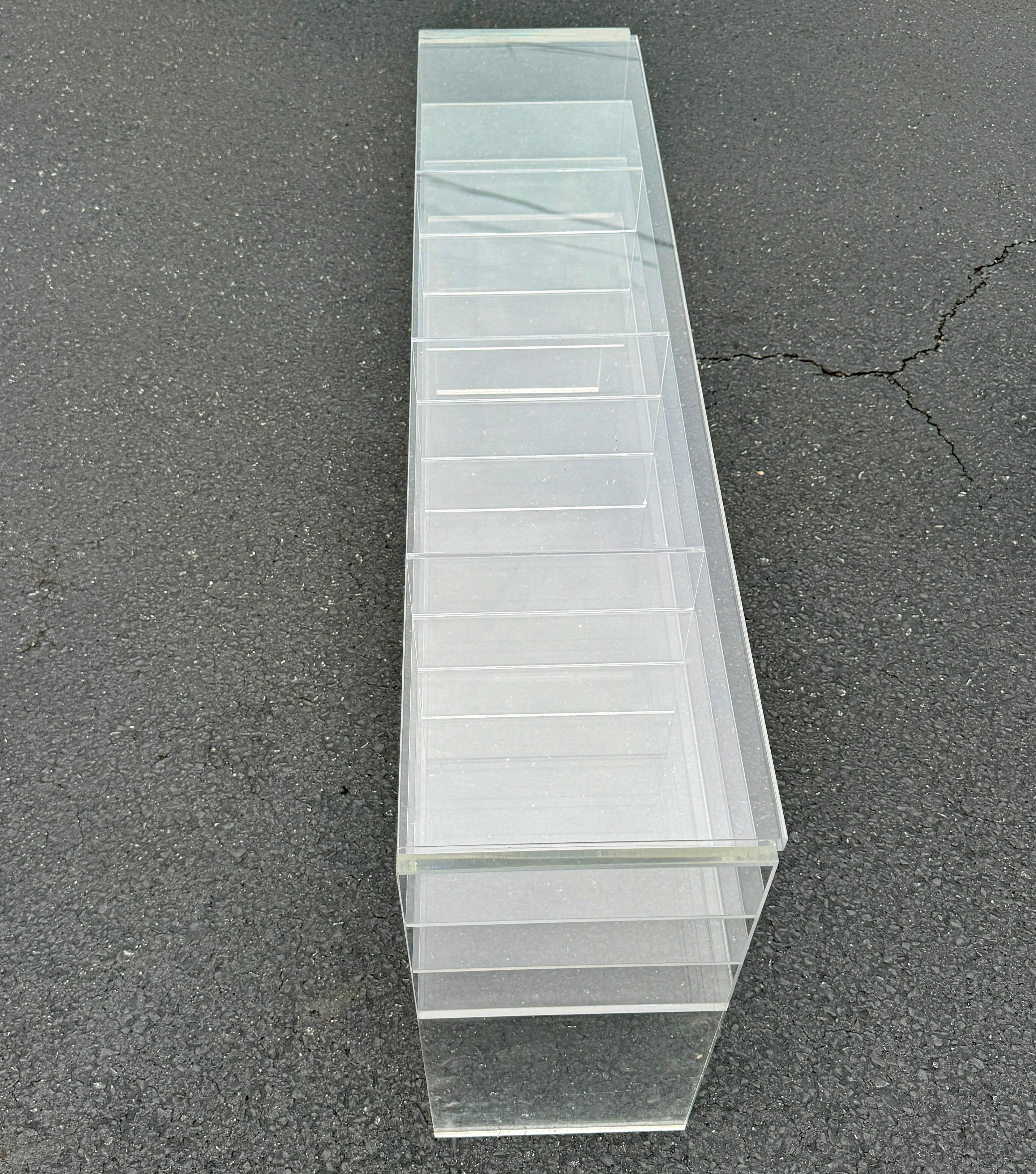 Hand-Crafted Low MCM Thick Lucite Console Table Shelf with 12 Sections For Sale
