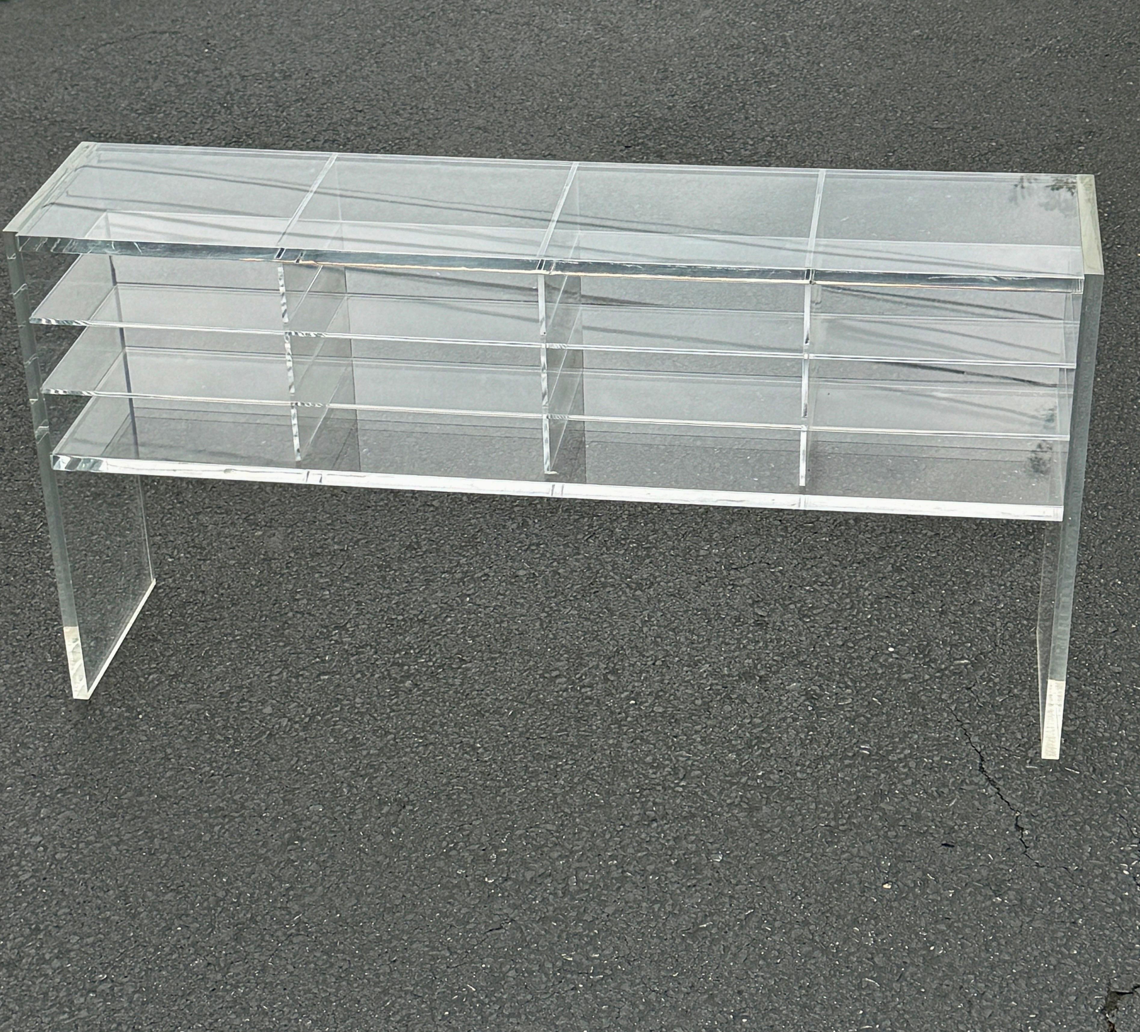 Low MCM Thick Lucite Console Table Shelf with 12 Sections In Good Condition For Sale In Haddonfield, NJ