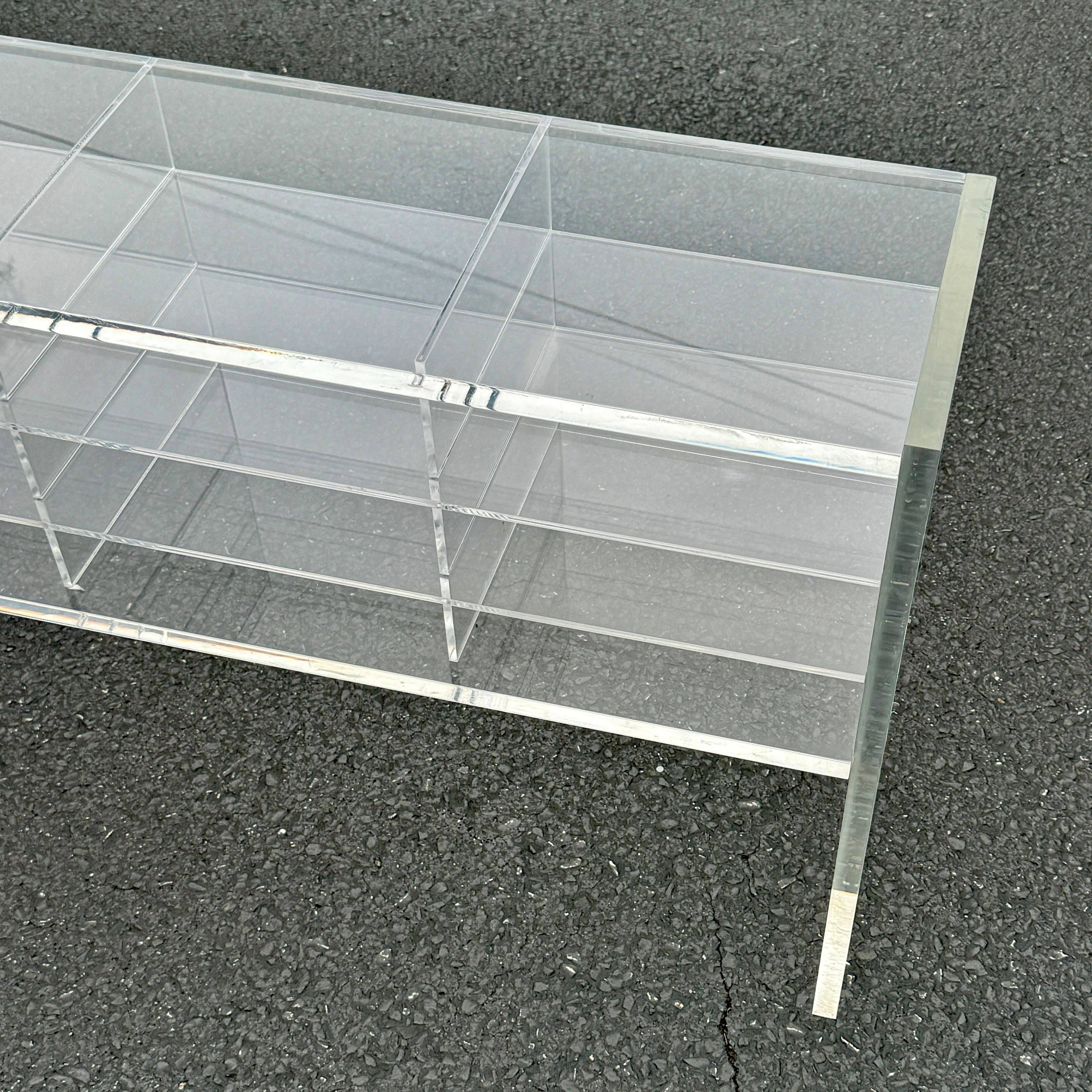 Late 20th Century Low MCM Thick Lucite Console Table Shelf with 12 Sections For Sale