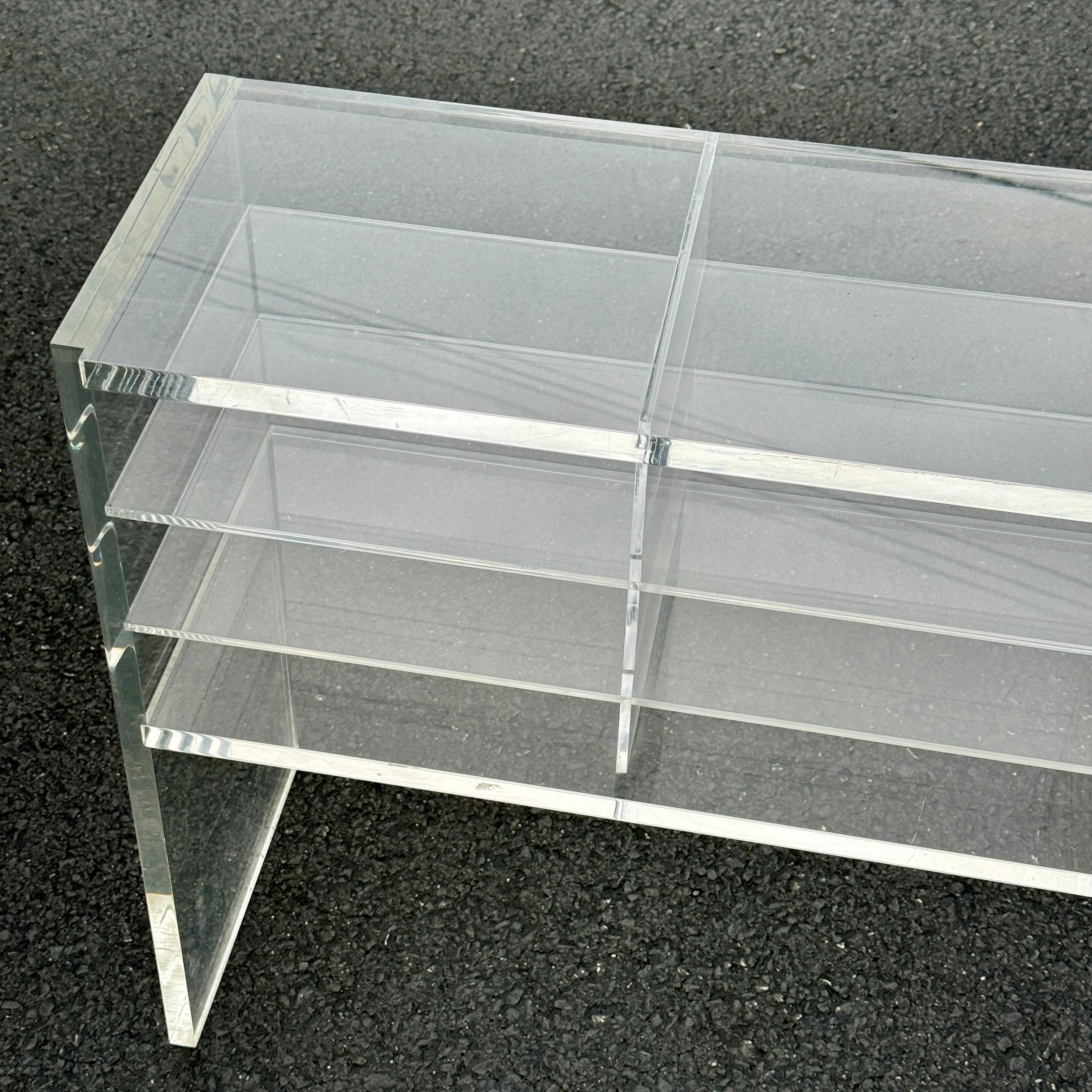 Low MCM Thick Lucite Console Table Shelf with 12 Sections For Sale 1