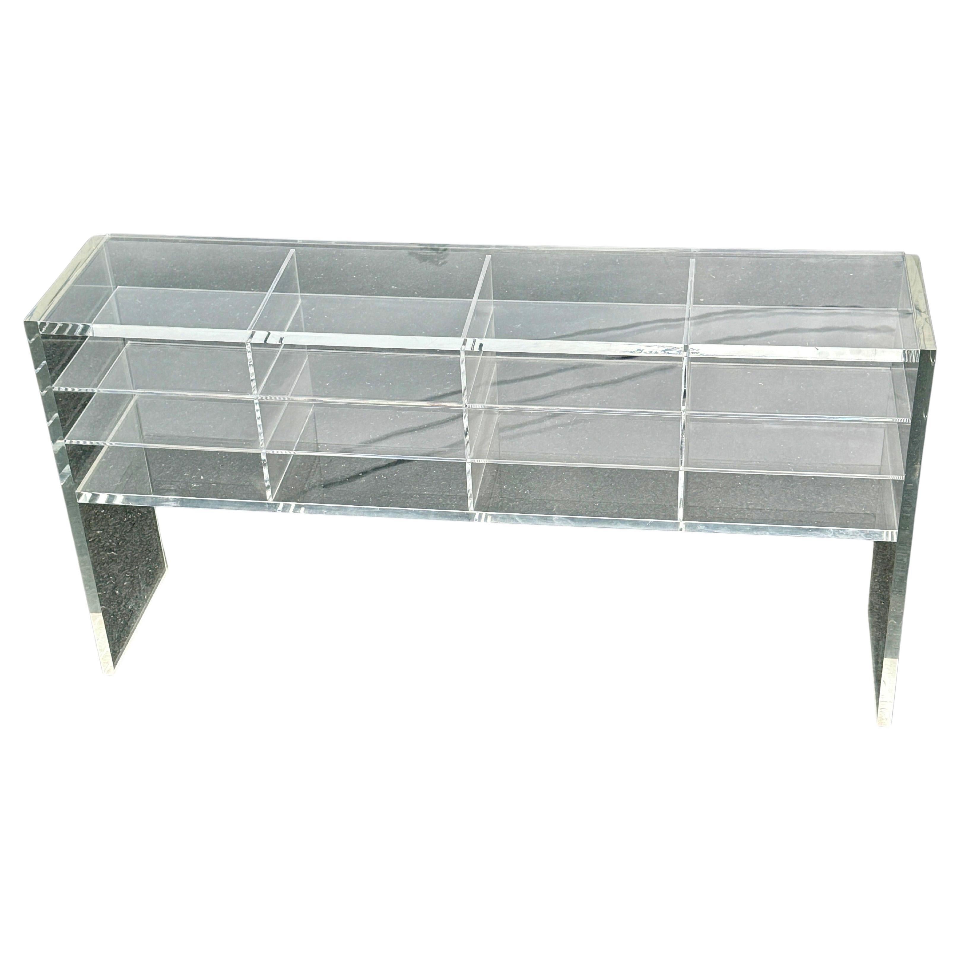 Low MCM Thick Lucite Console Table Shelf with 12 Sections For Sale