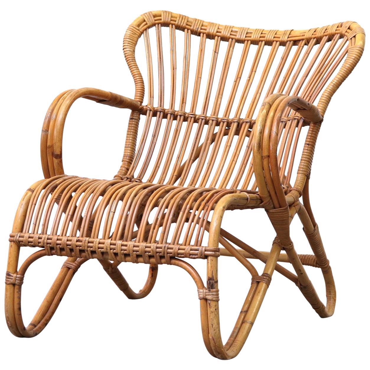 Low Midcentury Bamboo Rattan Lounge Chair