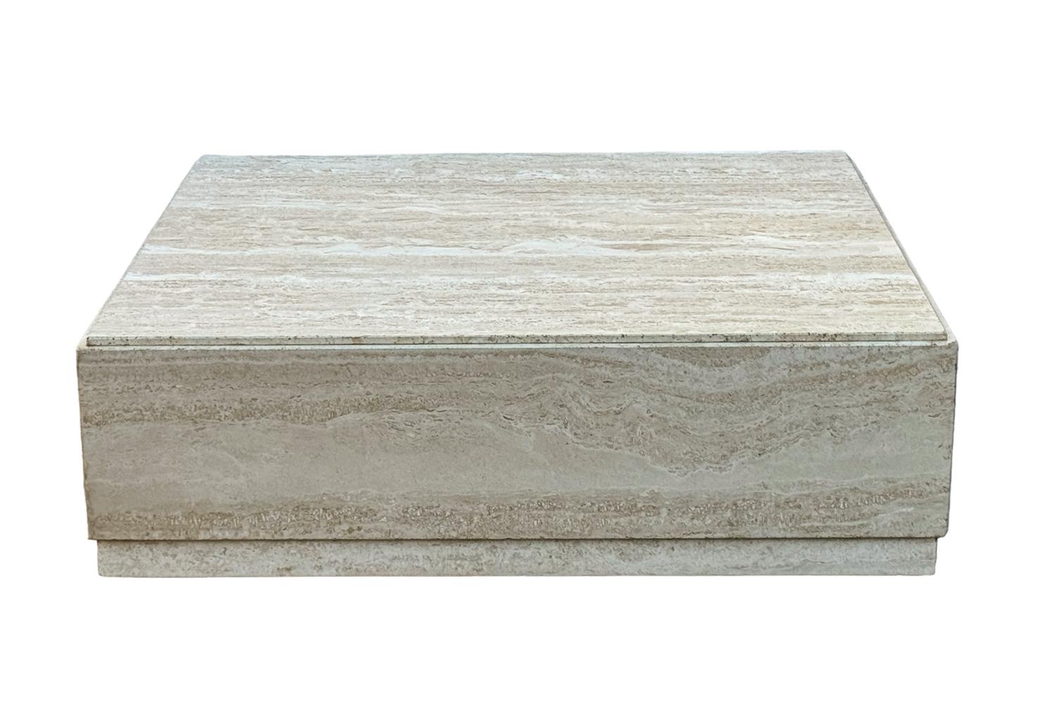 Low Midcentury Italian Modern Square Travertine Marble Cube Cocktail Table  For Sale 1