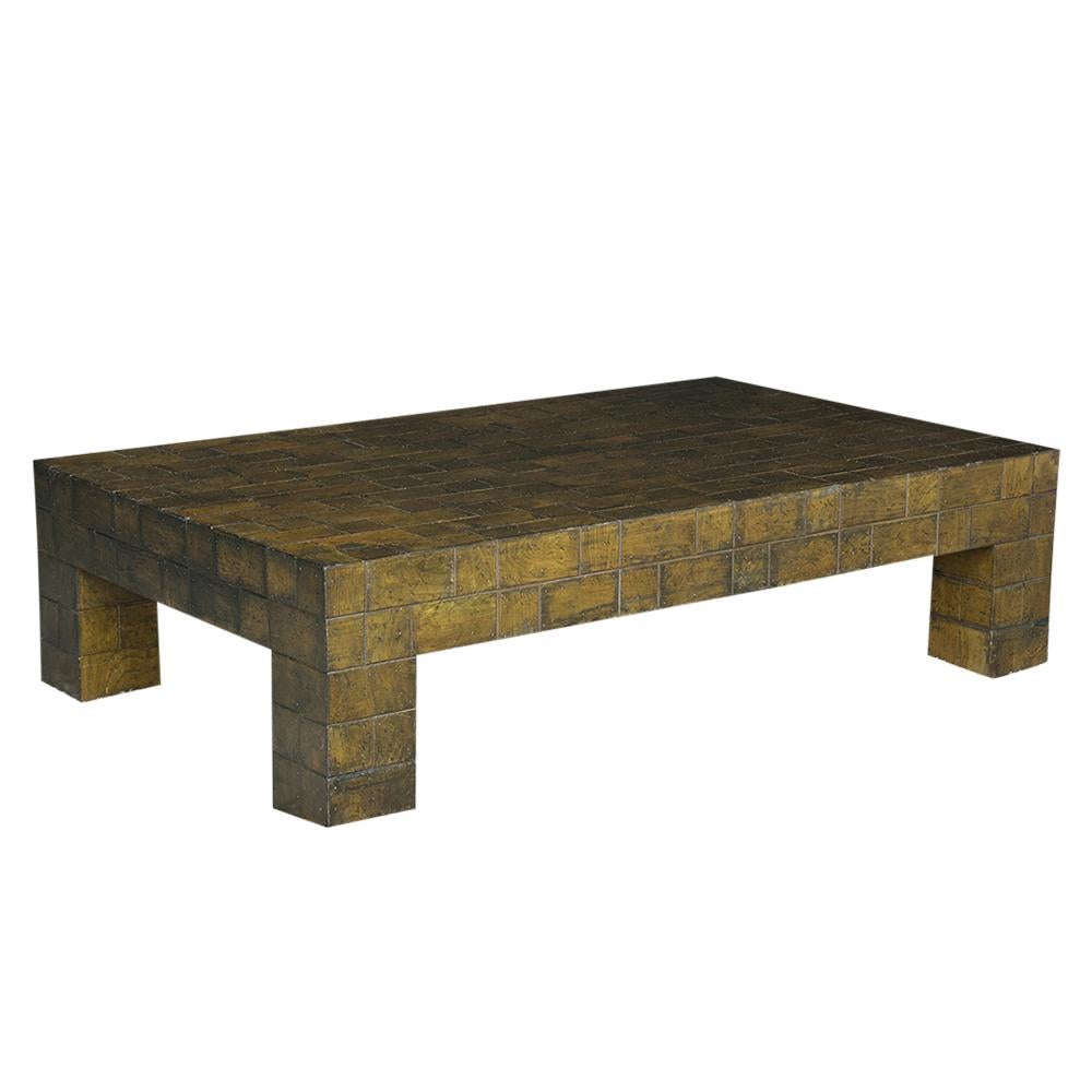 This Low Modern Parchment Coffee Table has been newly restored and finished in a dark green color with a semigloss lacquered finish. This table also features a unique block pattern design and rests on four thick square legs. This Circa 1970's Mid