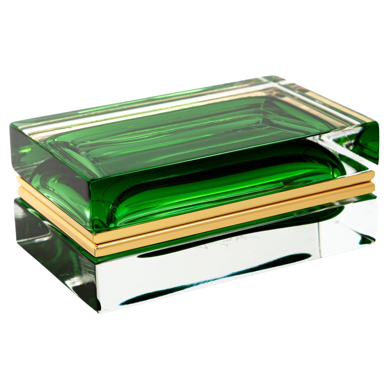 Scatola rettangolare bassa in vetro di Murano Green Sommerso, Contemporary