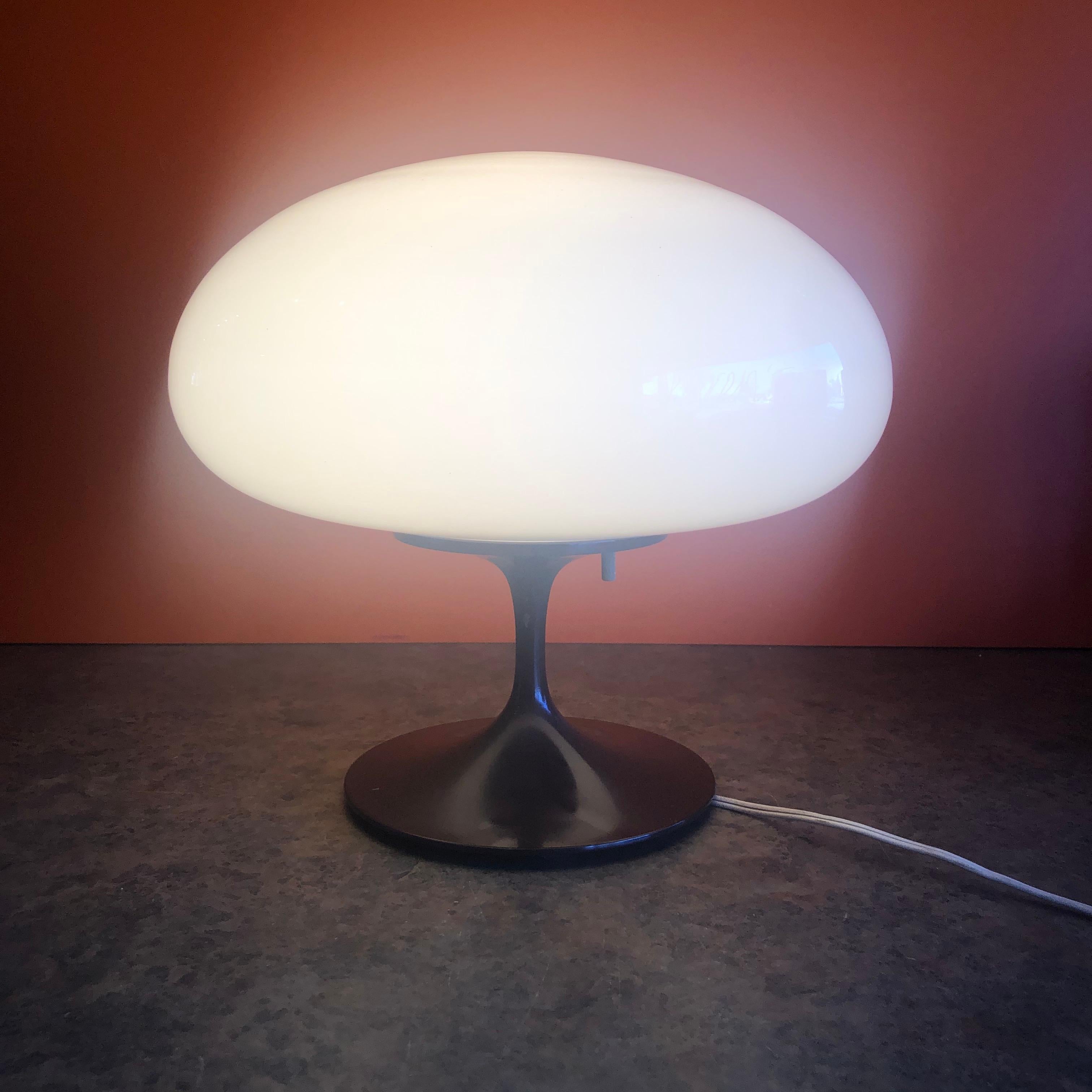 Mid-Century Modern Low Mushroom Lamp with Brown Base and Art Glass Shade by Laurel Lamp Co.
