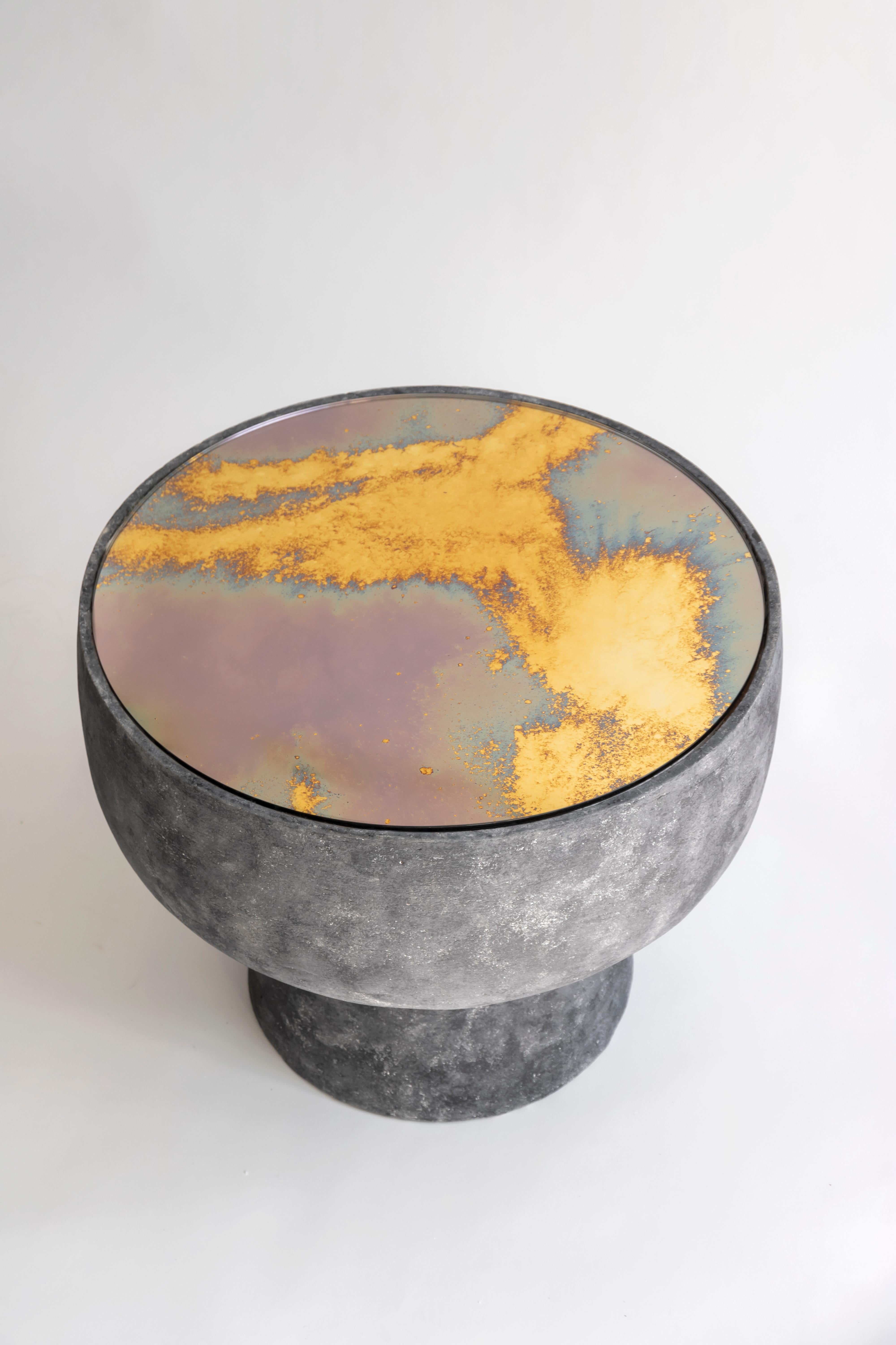 Low Neroterra 2 Side Table by ZPS Studio
Dimensions: D 54 x H 42 cm
Materials: Terraccotta, Glass.

Handcrafted in a Siena workshop, these terracotta structures feature a unique, freehand “colombino” technique, ensuring individuality. Surface