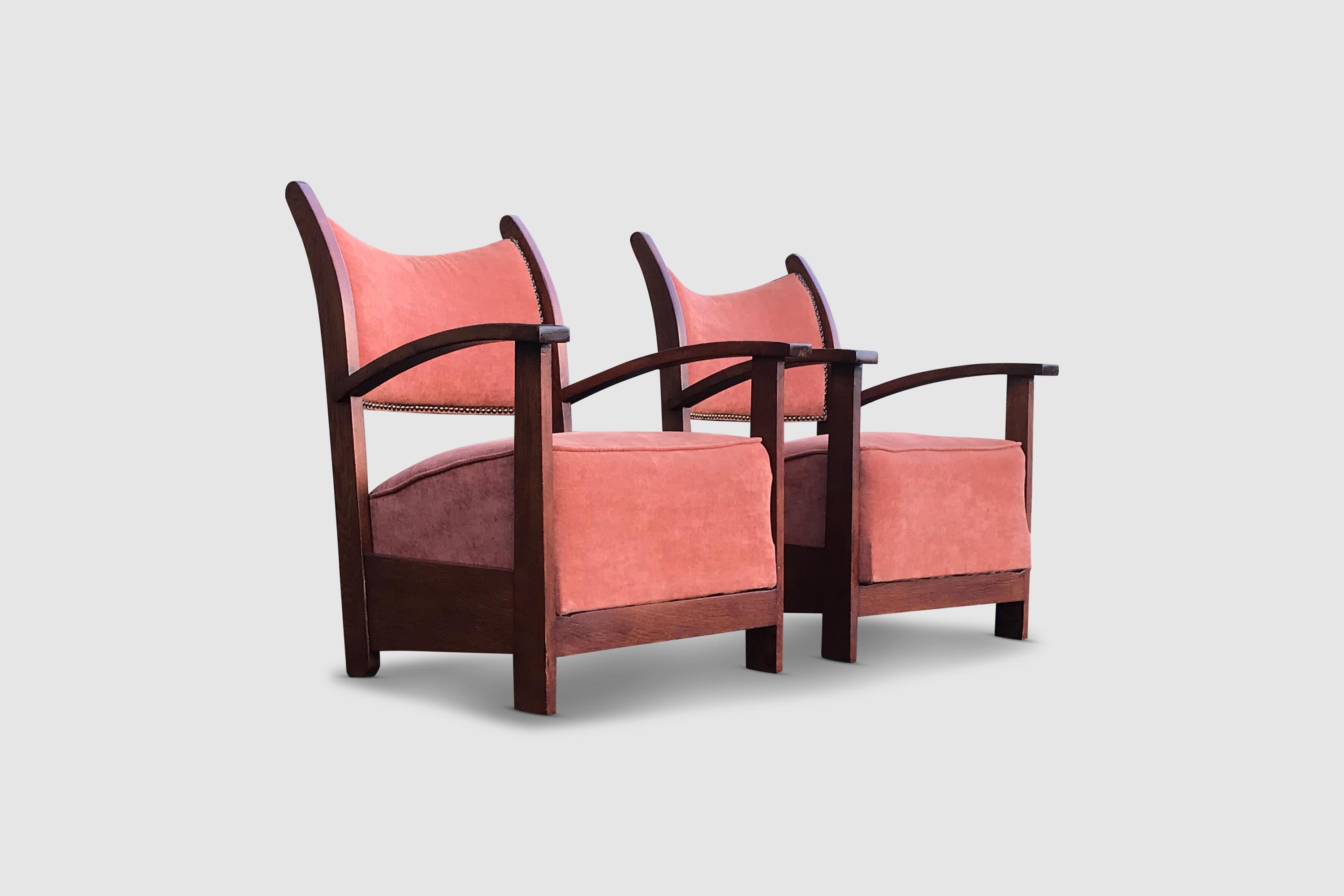 Art Deco Low Oak and Tweed Armchairs Amsterdamse School 1930s, Set of 2 For Sale