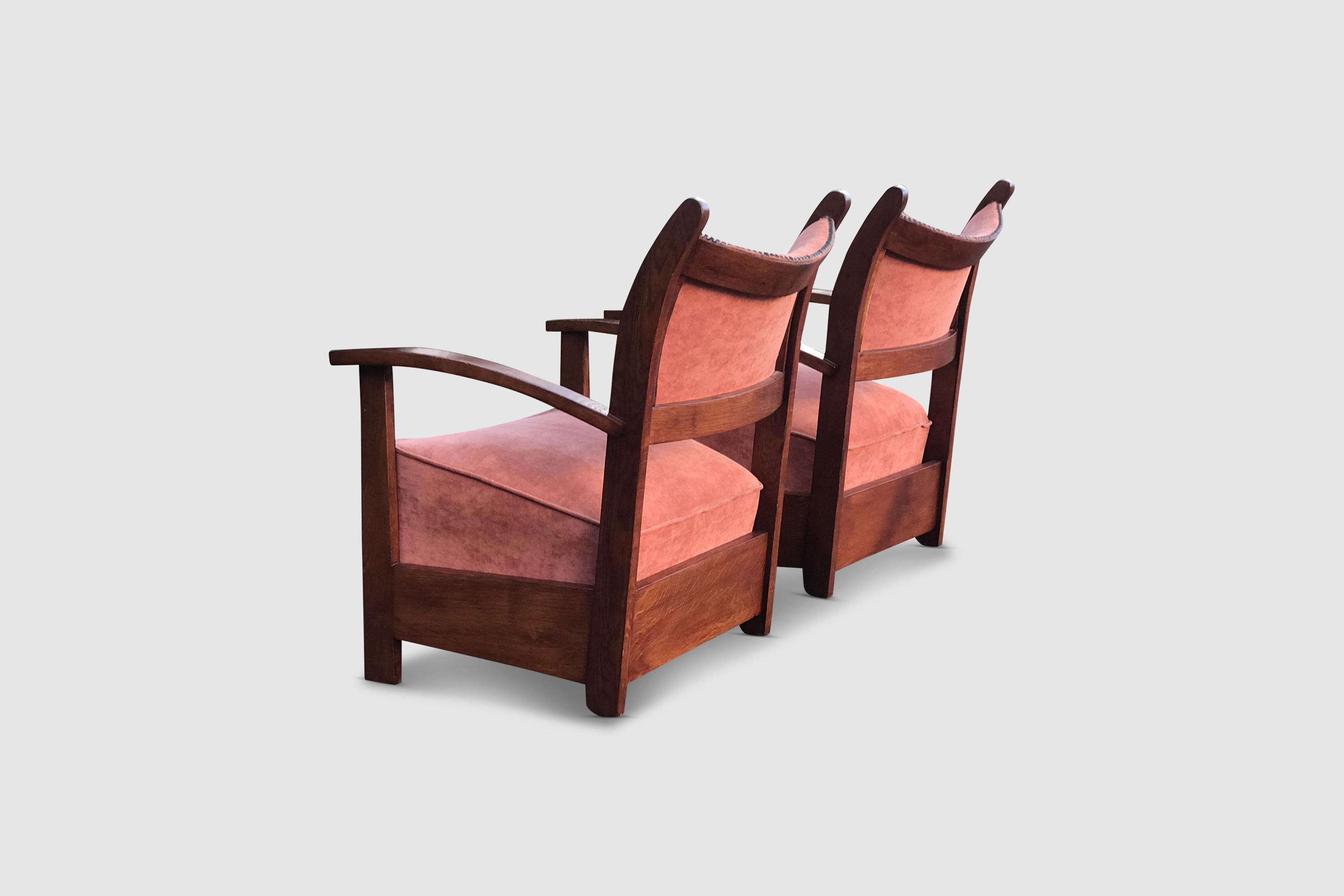 Low Oak and Tweed Armchairs Amsterdamse School 1930s, Set of 2 In Good Condition For Sale In Stavenisse, NL
