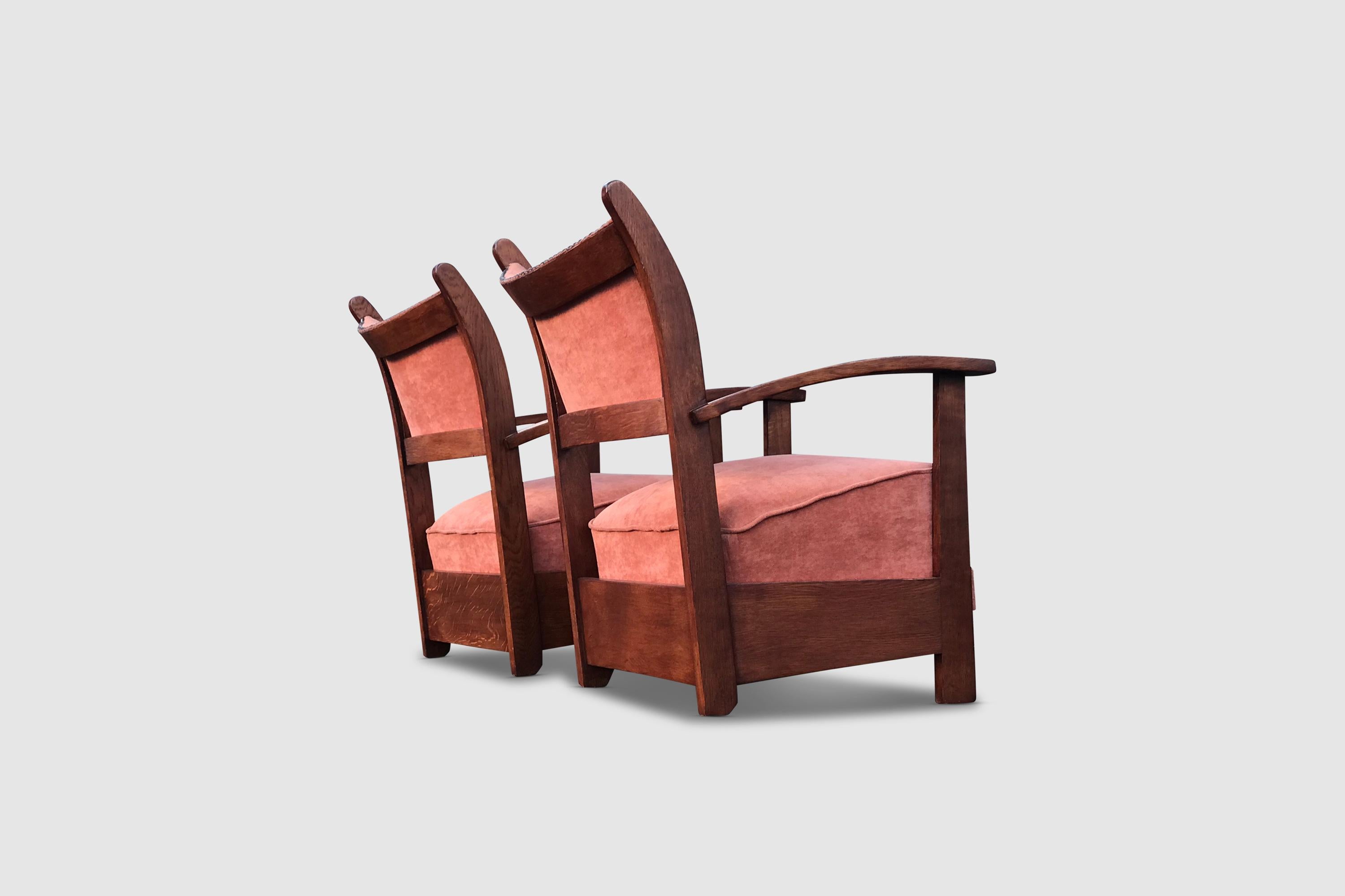 Mid-20th Century Low Oak and Tweed Armchairs Amsterdamse School 1930s, Set of 2 For Sale