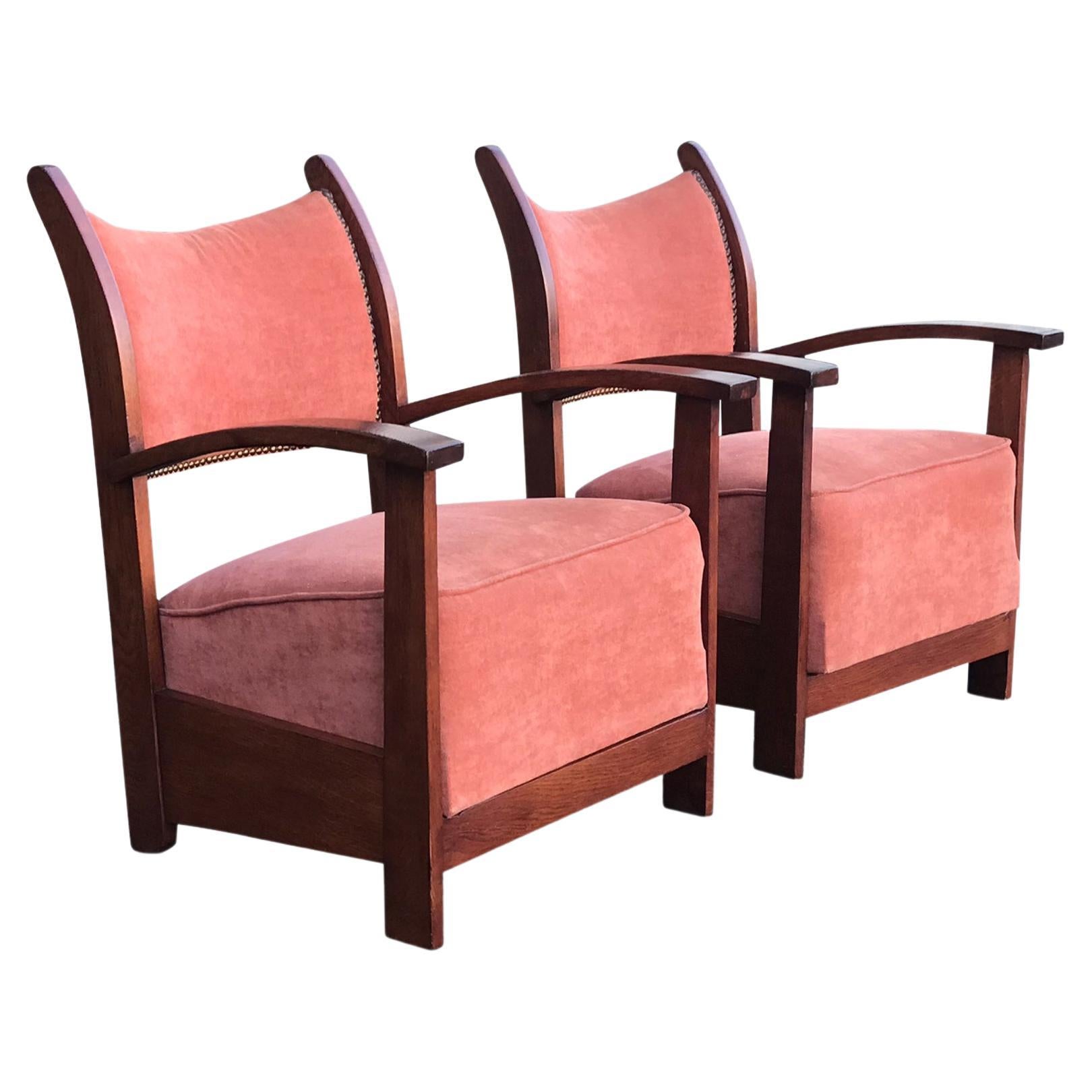 Low Oak and Tweed Armchairs Amsterdamse School 1930s, Set of 2 For Sale