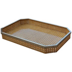 Low Octagonal Tray in Vienna Straw in Italian Design Lucite and Brass 1970