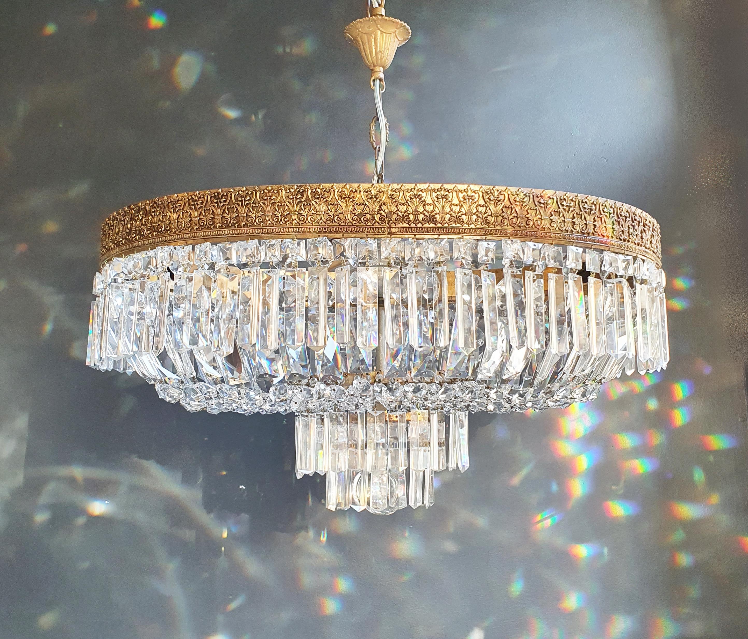 Low Oval Plafonnier Crystal Chandelier Brass Lustre Ceiling Antique Art Nouveau 3