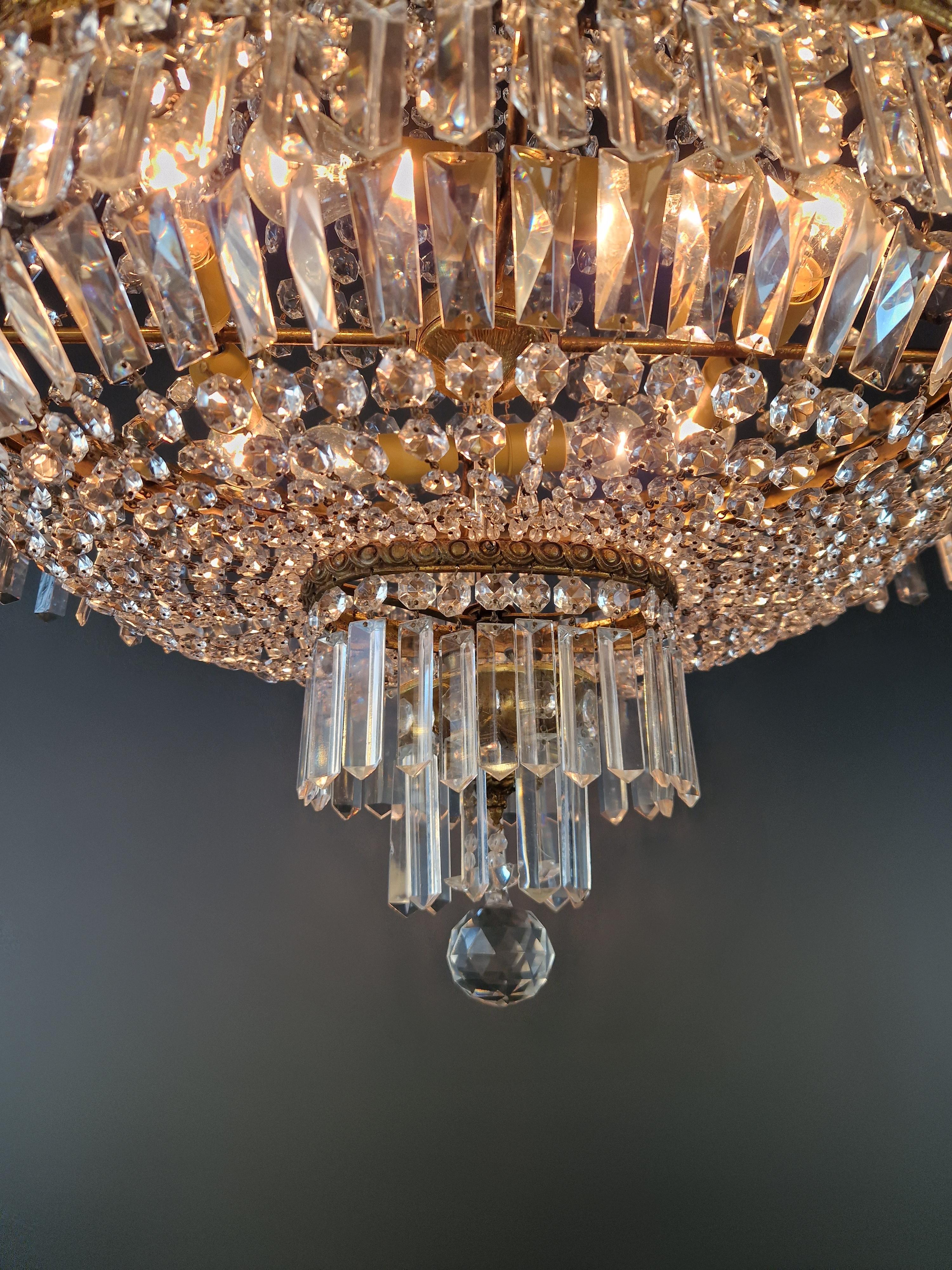 Low Oval Plafonnier Crystal Chandelier Brass Lustre Ceiling Antique Art Nouveau For Sale 3