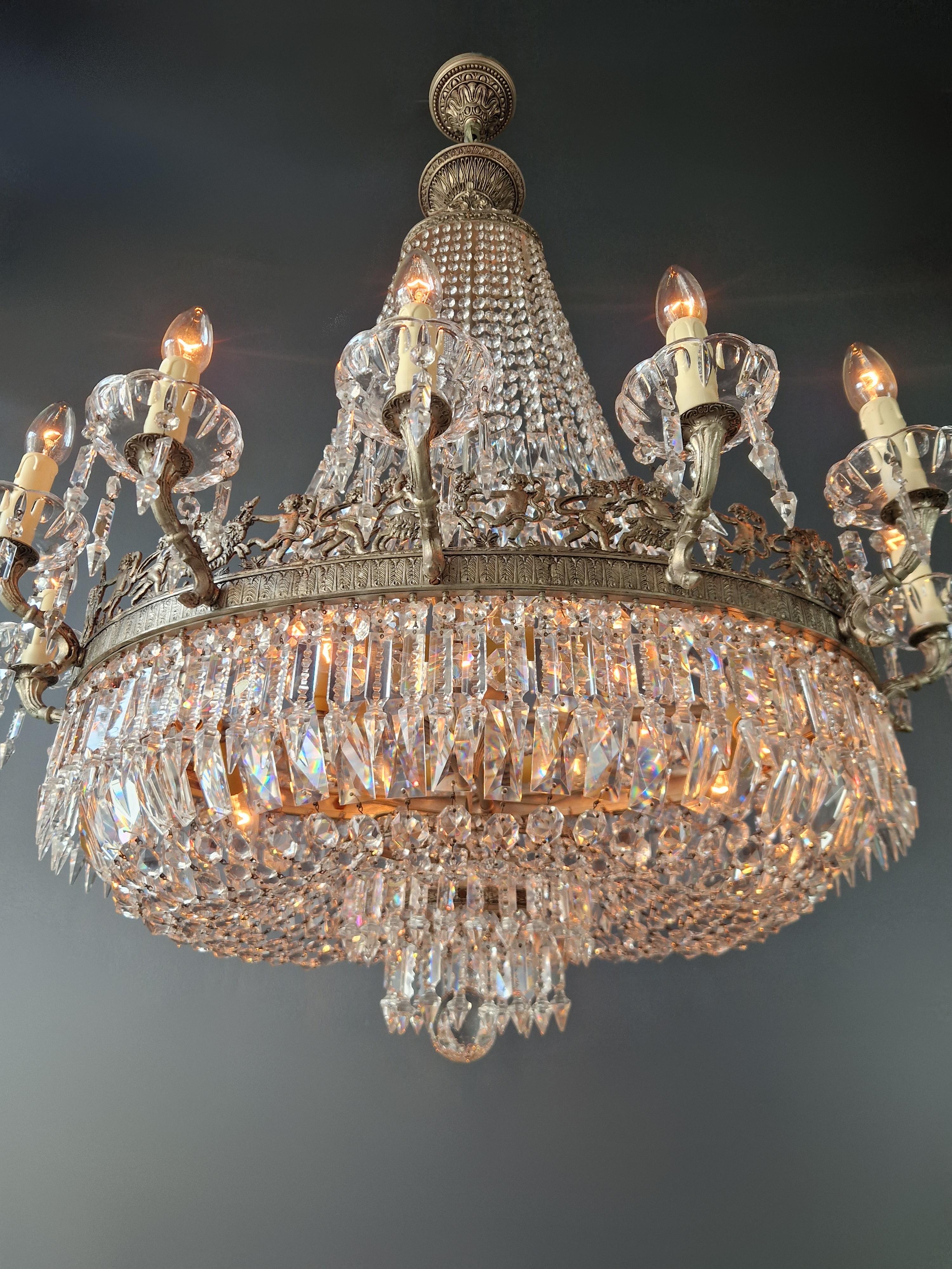 Low Oval Plafonnier Crystal Chandelier Brass Lustre Ceiling Antique Art Nouveau 4