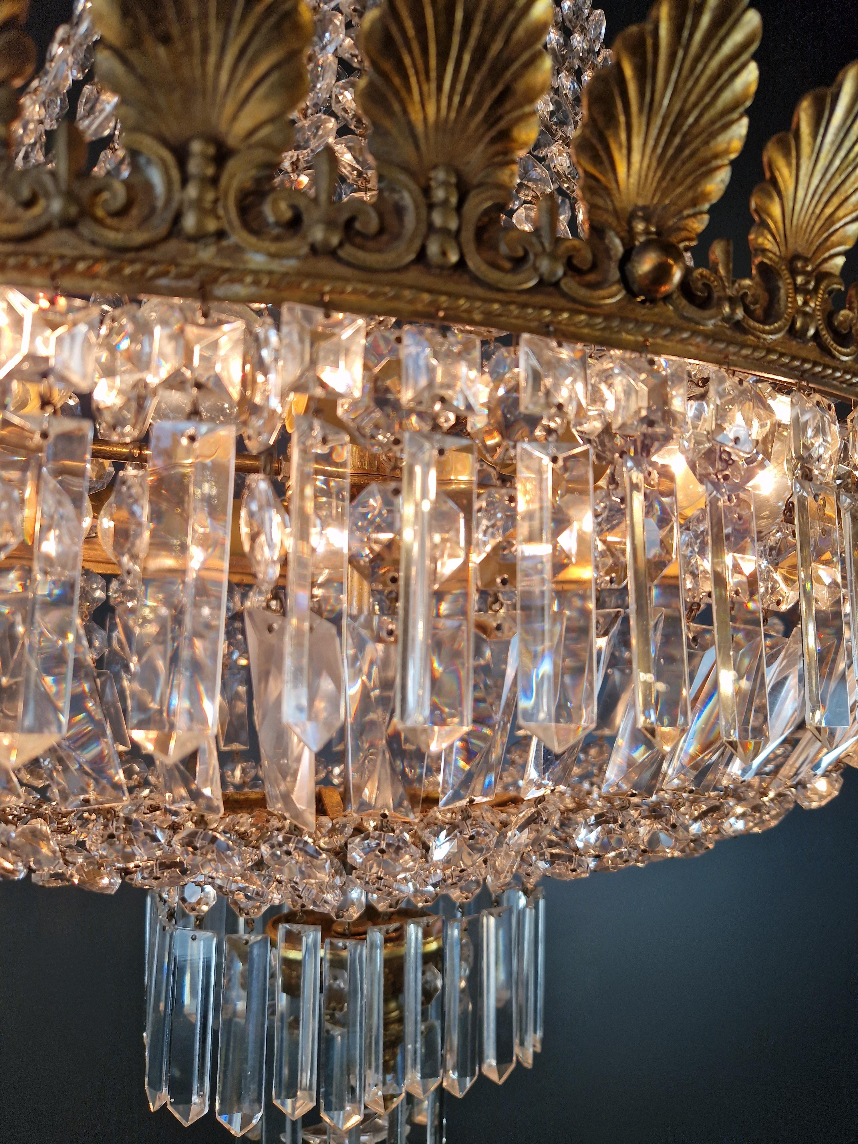 Low Oval Plafonnier Crystal Chandelier Brass Lustre Ceiling Antique Art Nouveau For Sale 4