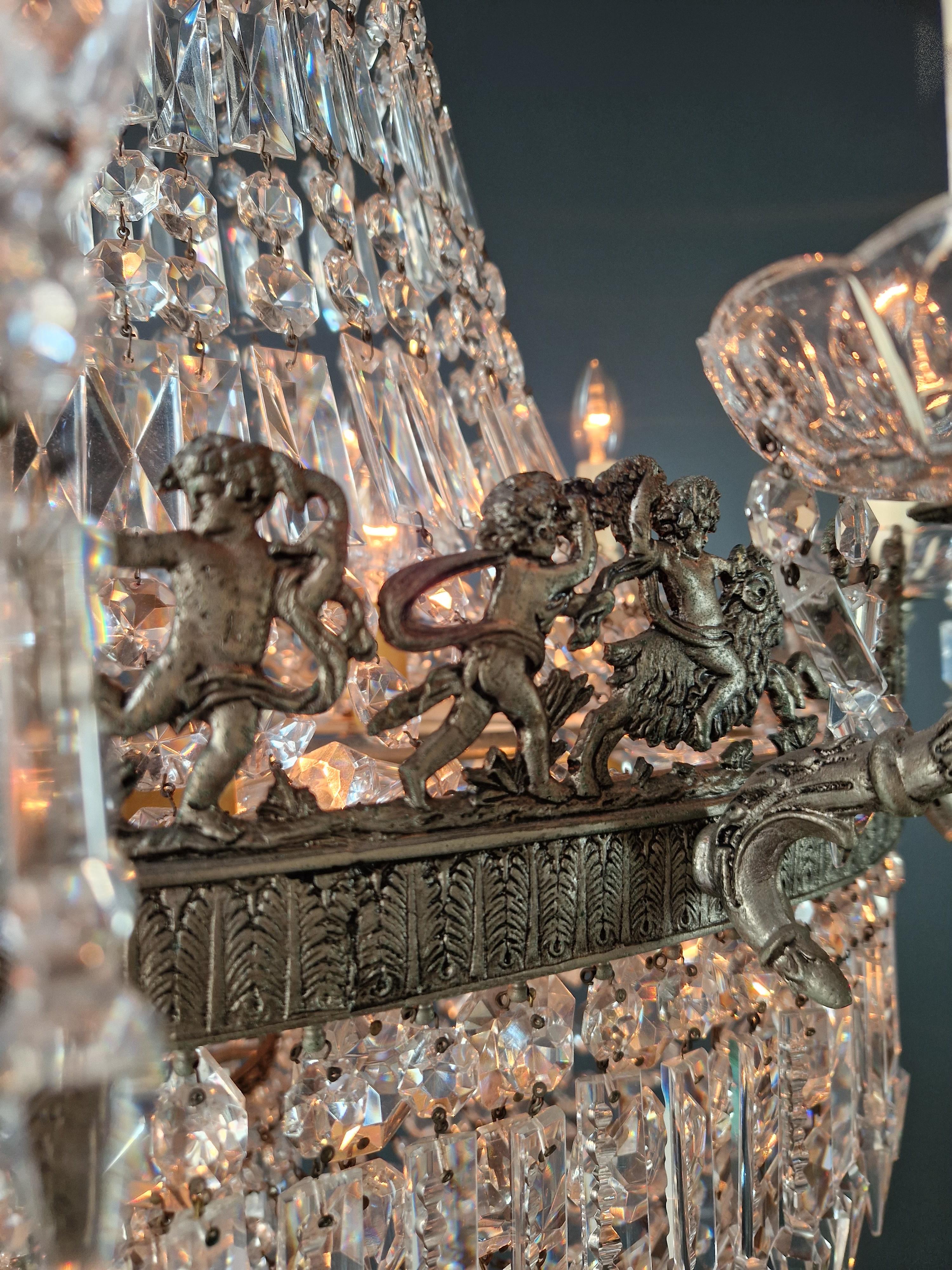 Low Oval Plafonnier Crystal Chandelier Brass Lustre Ceiling Antique Art Nouveau 8