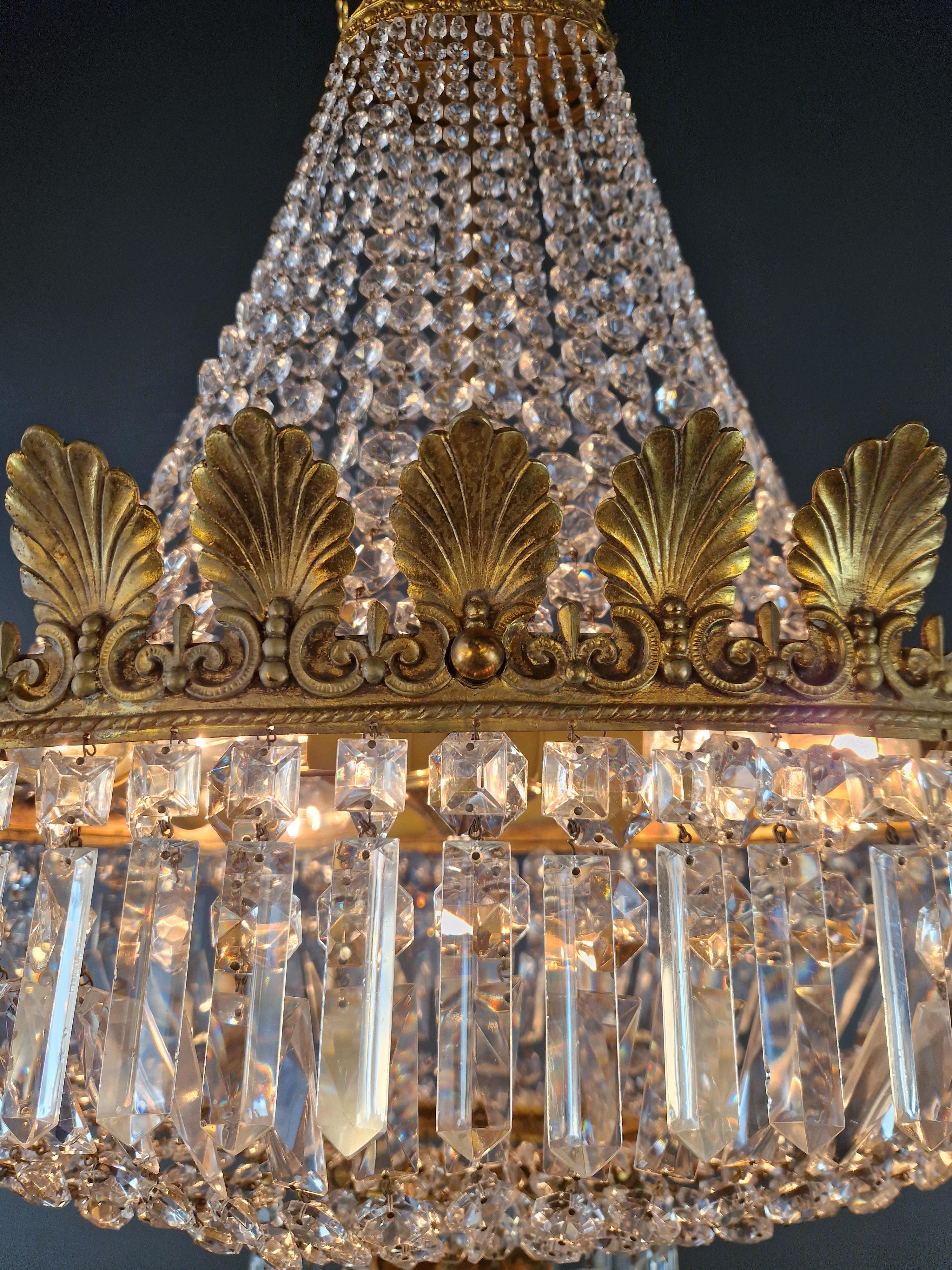Low Oval Plafonnier Crystal Chandelier Brass Lustre Ceiling Antique Art Nouveau For Sale 5