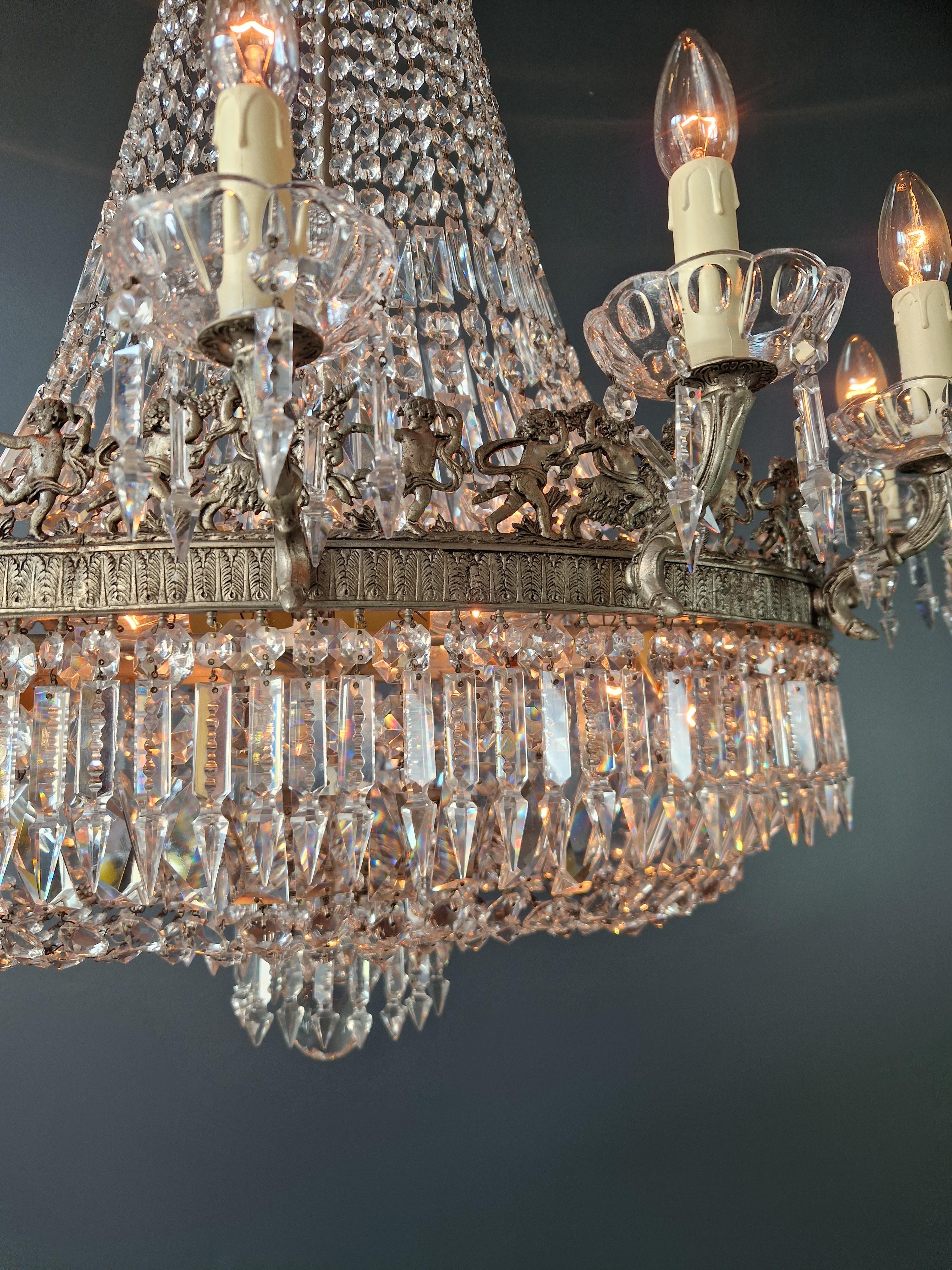 Low Oval Plafonnier Crystal Chandelier Brass Lustre Ceiling Antique Art Nouveau 9