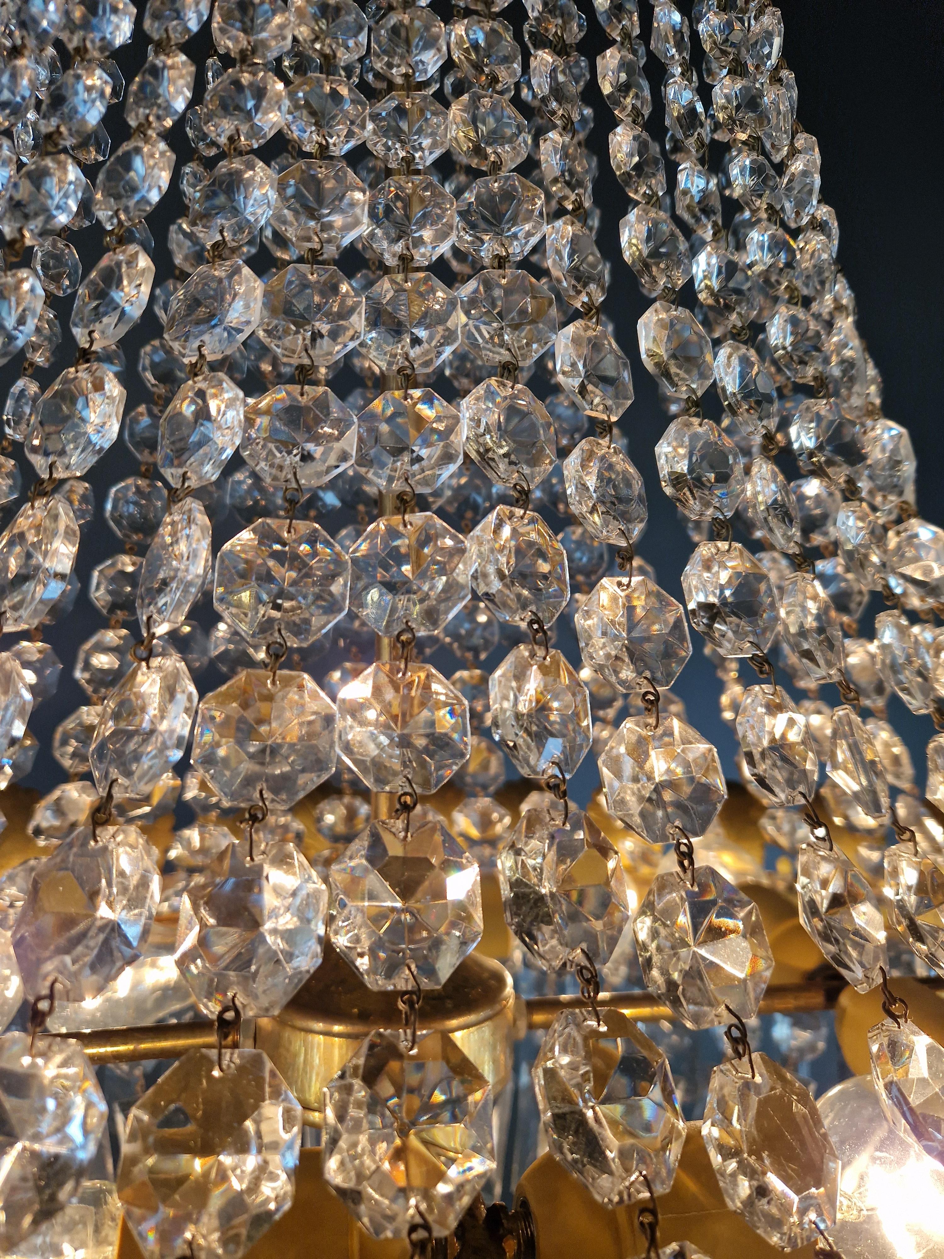 Low Oval Plafonnier Crystal Chandelier Brass Lustre Ceiling Antique Art Nouveau For Sale 6