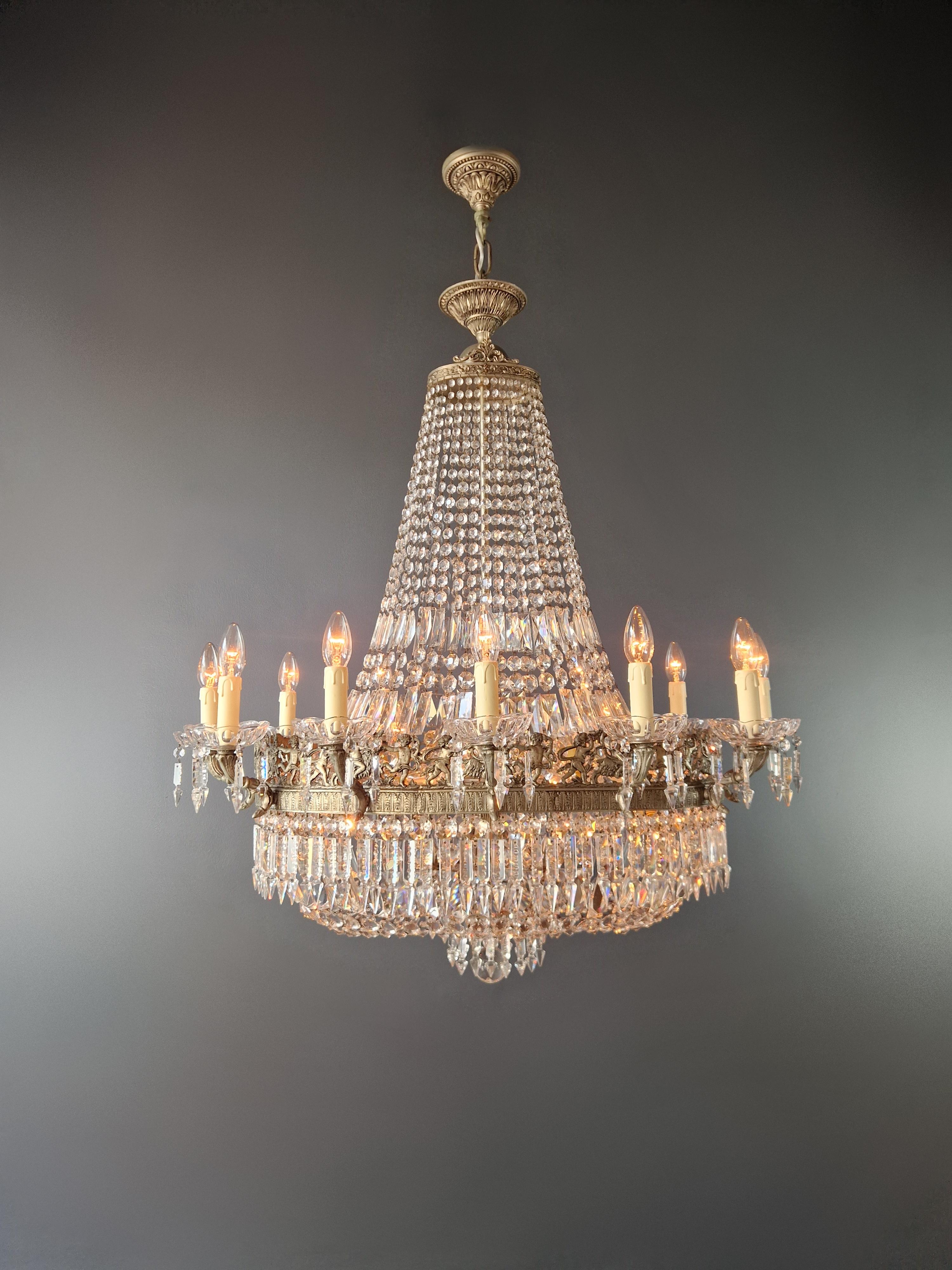 Baroque Low Oval Plafonnier Crystal Chandelier Brass Lustre Ceiling Antique Art Nouveau