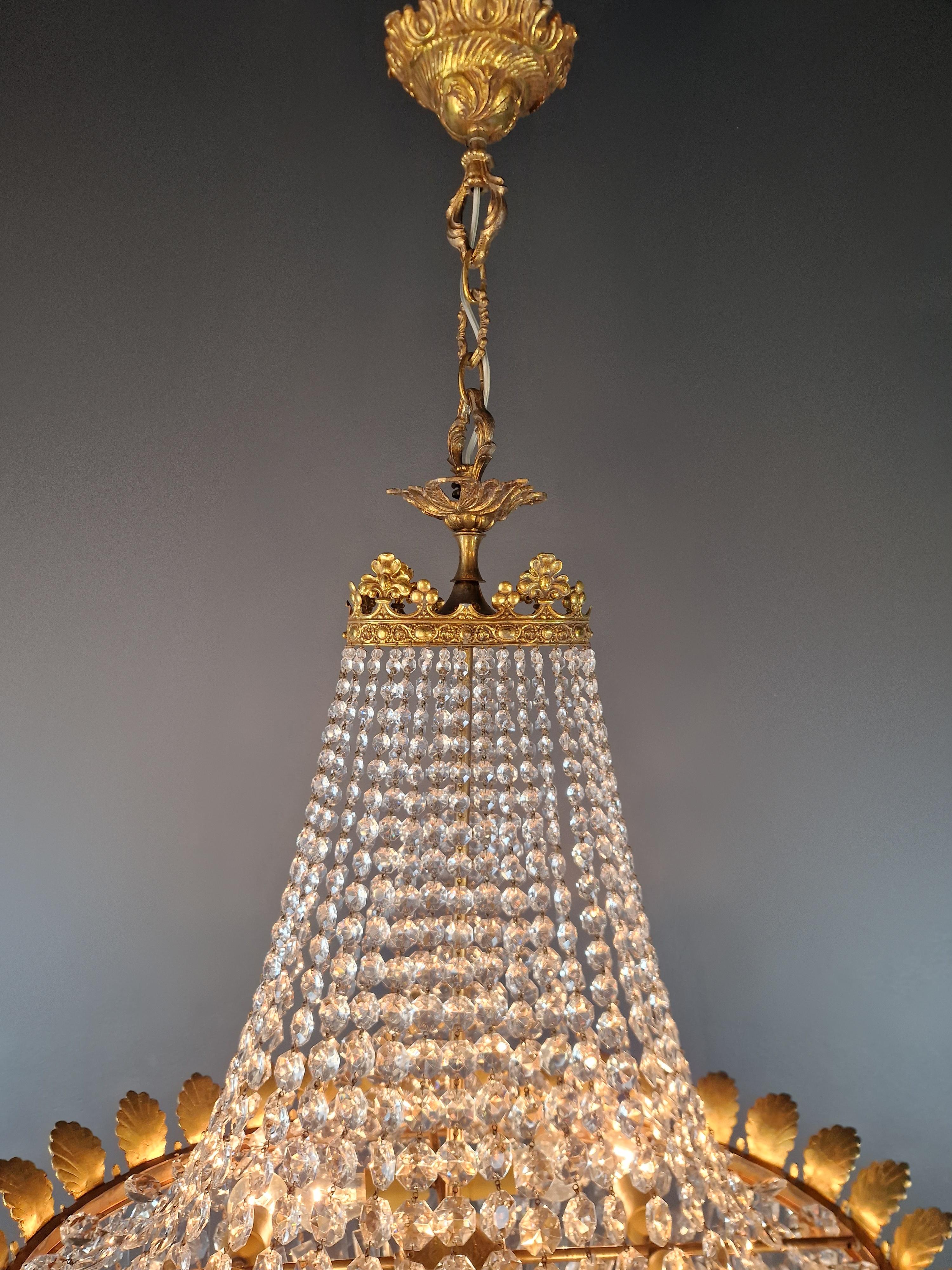Low Oval Plafonnier Crystal Chandelier Brass Lustre Ceiling Antique Art Nouveau For Sale 7