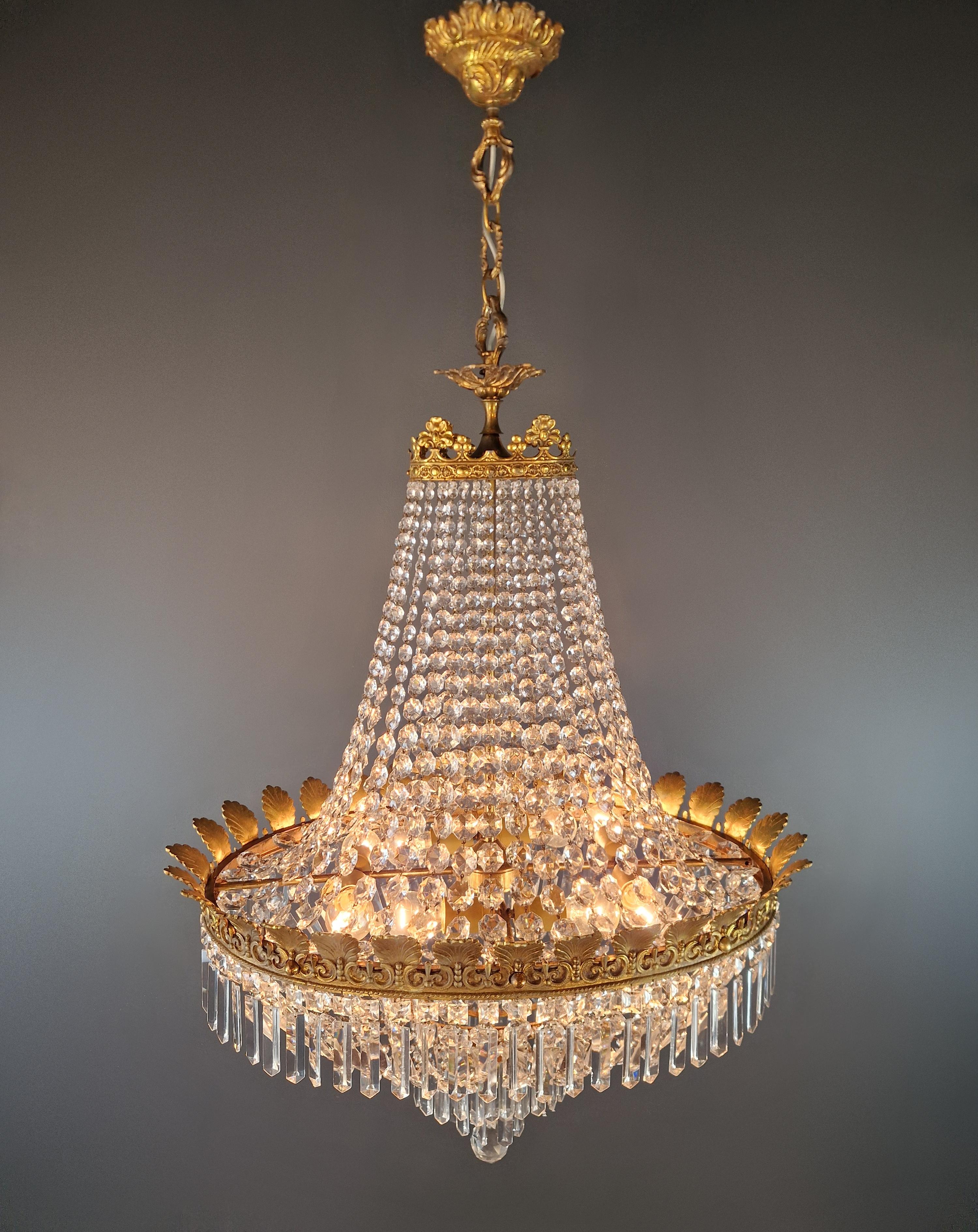 Low Oval Plafonnier Crystal Chandelier Brass Lustre Ceiling Antique Art Nouveau For Sale 8