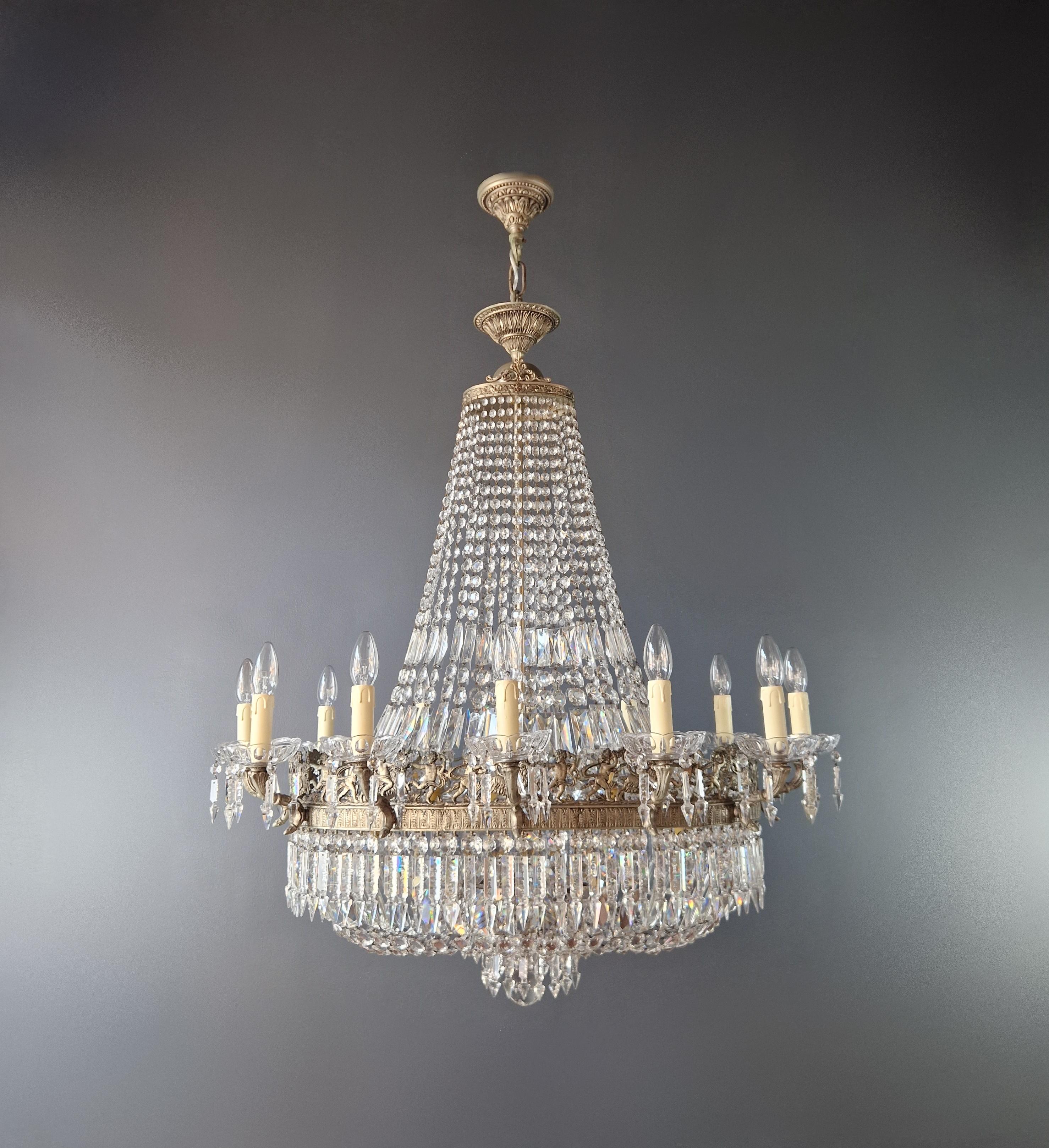 Hand-Knotted Low Oval Plafonnier Crystal Chandelier Brass Lustre Ceiling Antique Art Nouveau