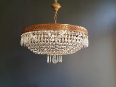 Low Oval Plafonnier Crystal Chandelier Brass Lustre Ceiling Antique Art Nouveau