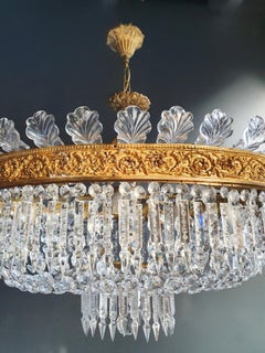 Low Oval Plafonnier Crystal Chandelier Brass Lustre Ceiling Antique Art Nouveau