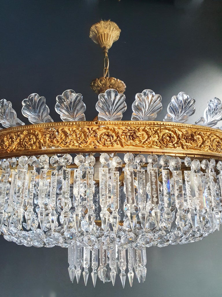 Low Oval Plafonnier Crystal Chandelier Brass Lustre Ceiling Antique Art